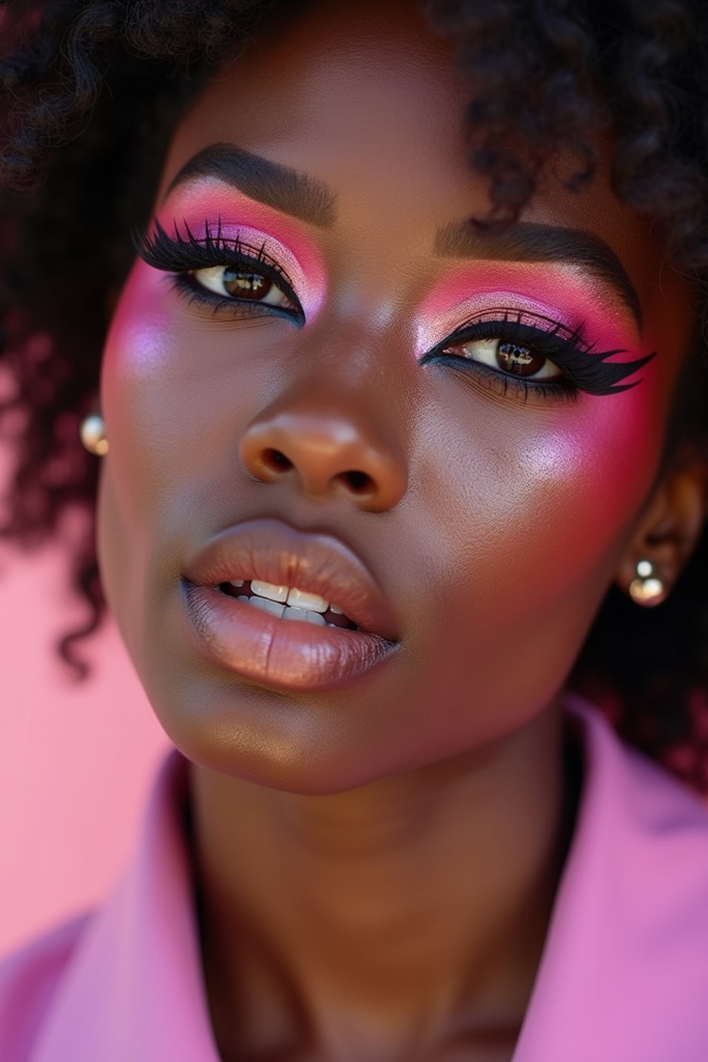 close-up of Model with an avant-garde makeup look, including graphic eyeliner shapes and vibrant cheek colors. set against a soft, pastel background