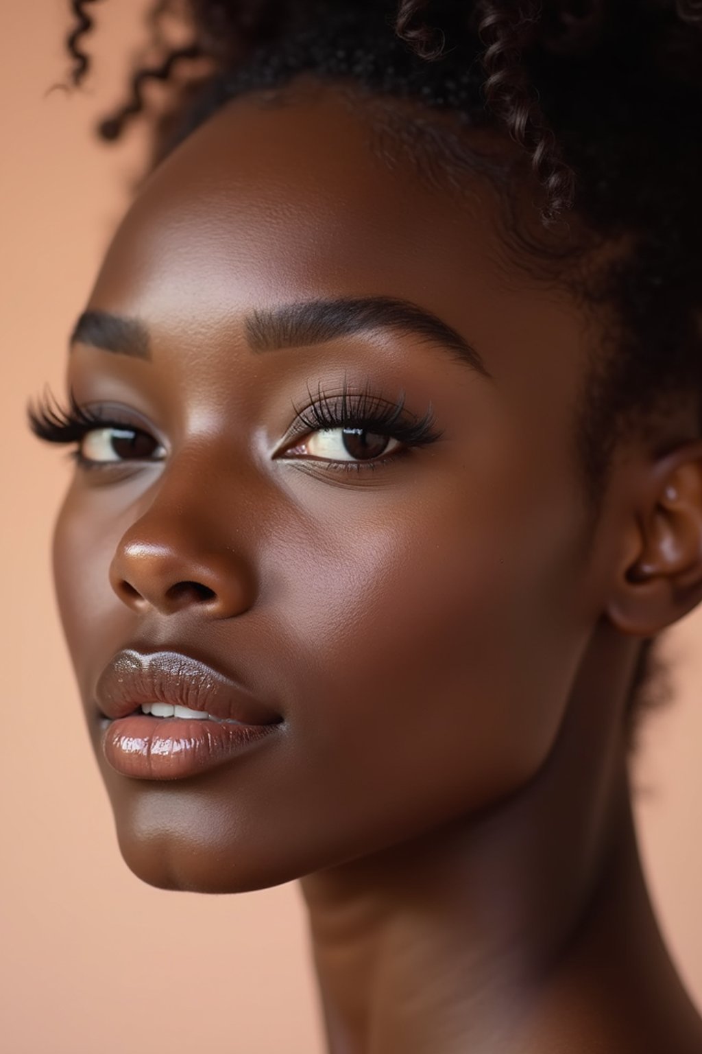 close-up of Beauty shot of woman featuring dewy skin, natural makeup look with nude lips and fluttery lashes. set against a soft, pastel background