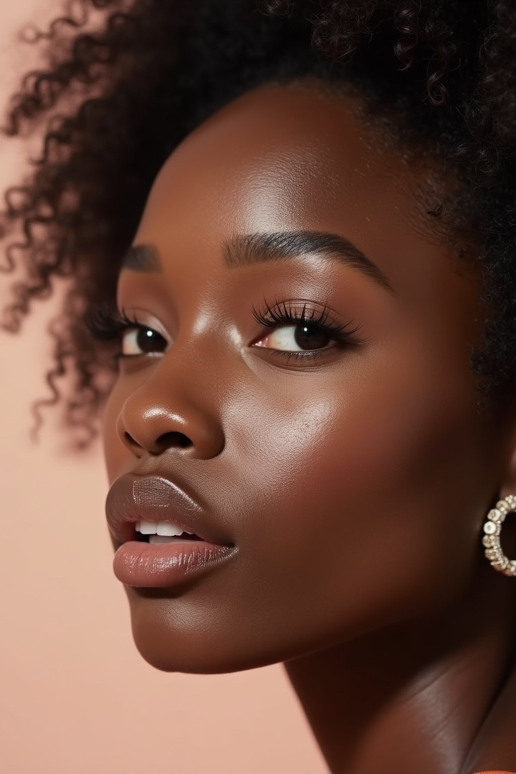 close-up of Beauty shot of woman featuring dewy skin, natural makeup look with nude lips and fluttery lashes. set against a soft, pastel background