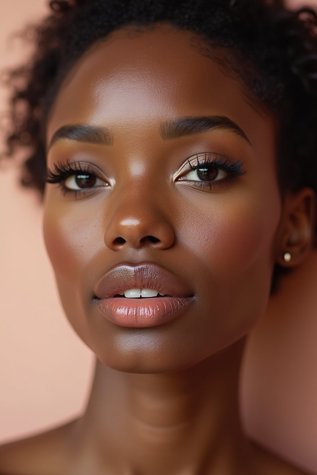 close-up of Beauty shot of woman featuring dewy skin, natural makeup look with nude lips and fluttery lashes. set against a soft, pastel background