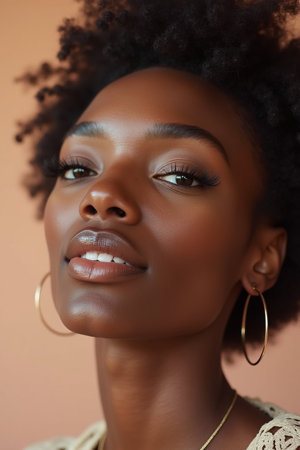 close-up of Beauty shot of woman featuring dewy skin, natural makeup look with nude lips and fluttery lashes. set against a soft, pastel background