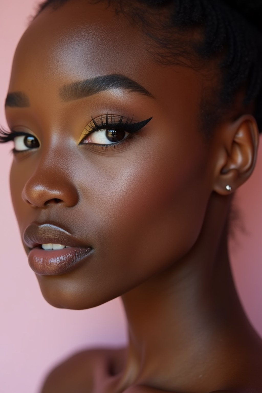 close-up of Model sporting winged eyeliner and matte skin finish. set against a soft, pastel background