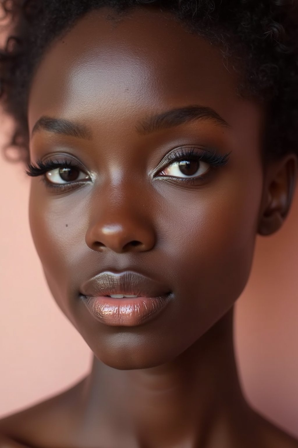 close-up of Model sporting winged eyeliner and matte skin finish. set against a soft, pastel background