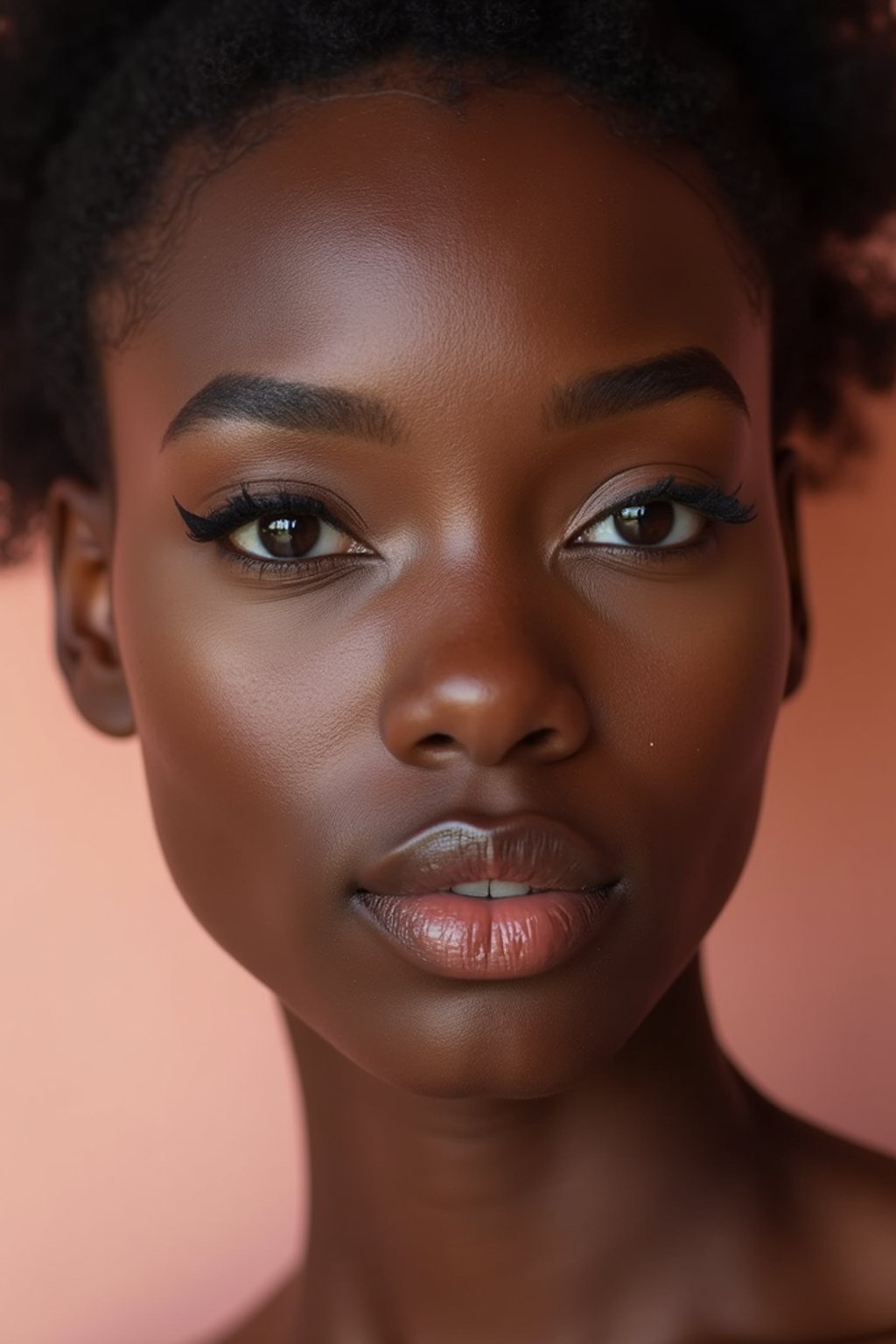 close-up of Model sporting winged eyeliner and matte skin finish. set against a soft, pastel background