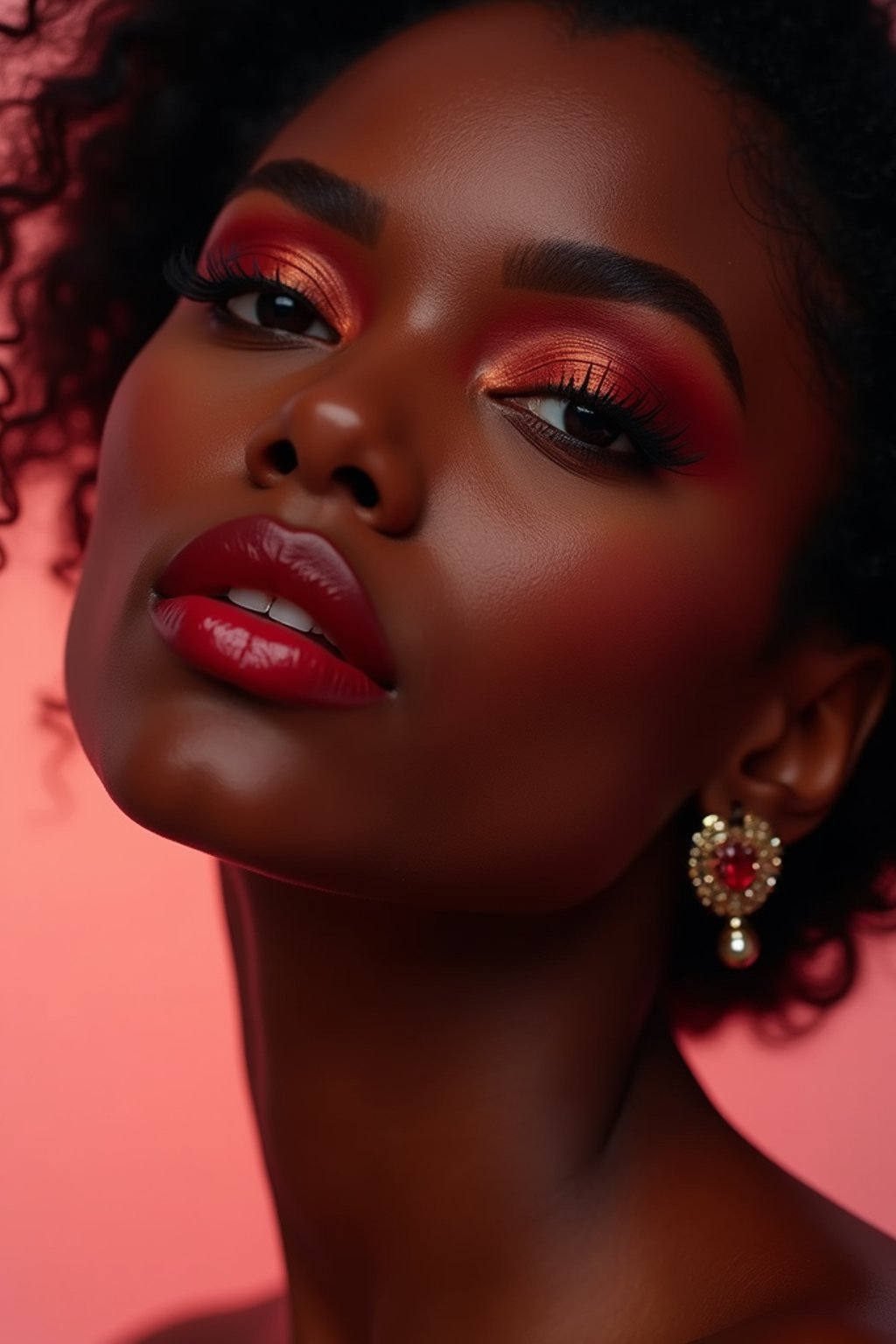 close-up of Model with a bold red lipstick and smokey eye makeup, her face half-lit in dramatic lighting. set against a soft, pastel background