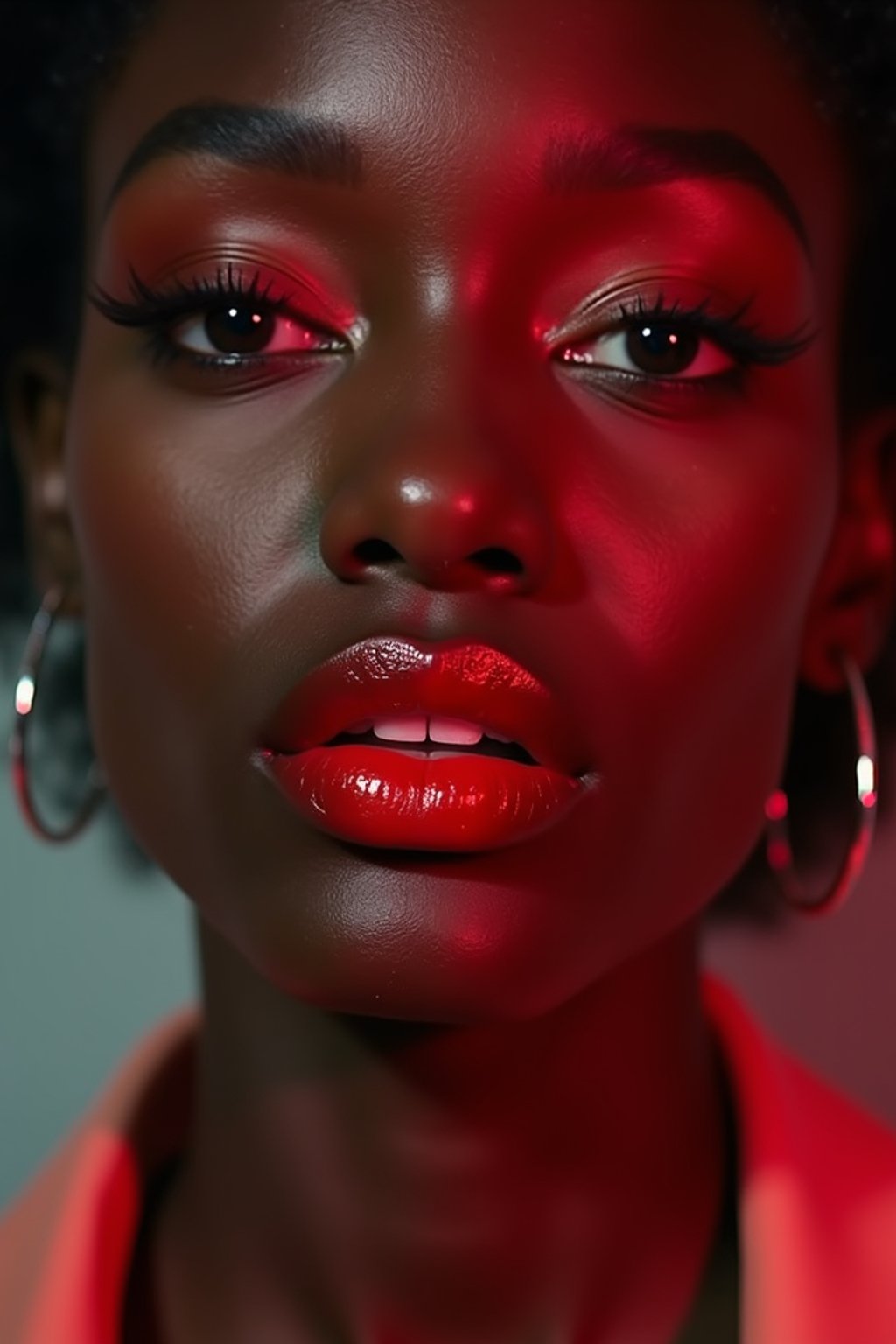 close-up of Model with a bold red lipstick and smokey eye makeup, her face half-lit in dramatic lighting. set against a soft, pastel background