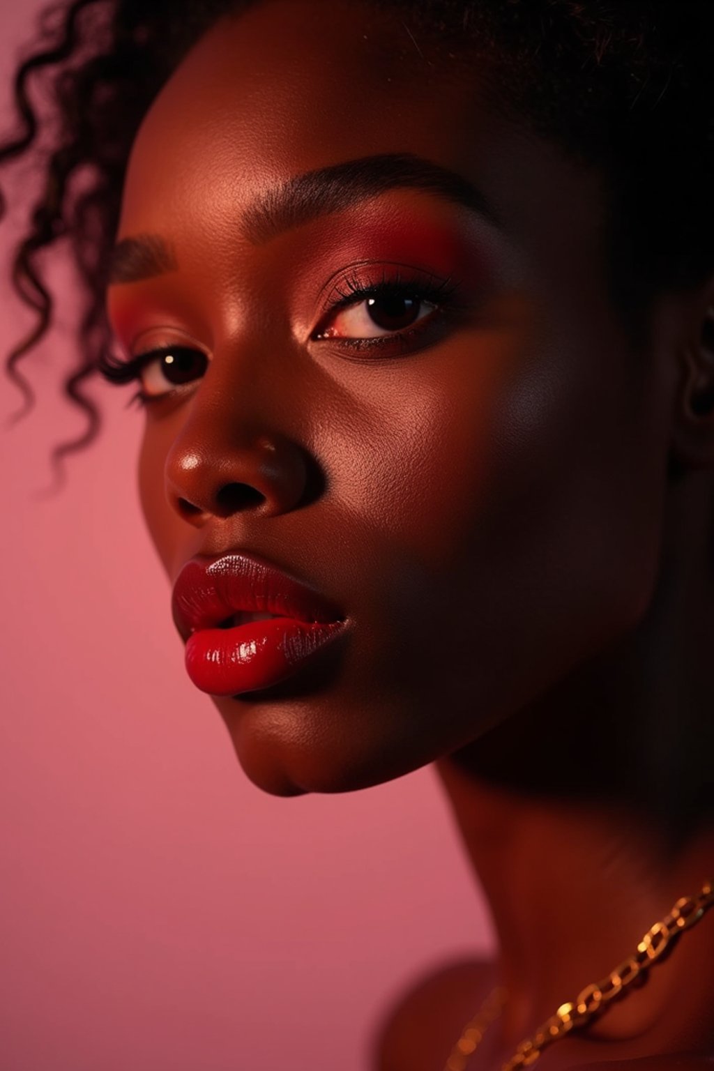 close-up of Model with a bold red lipstick and smokey eye makeup, her face half-lit in dramatic lighting. set against a soft, pastel background