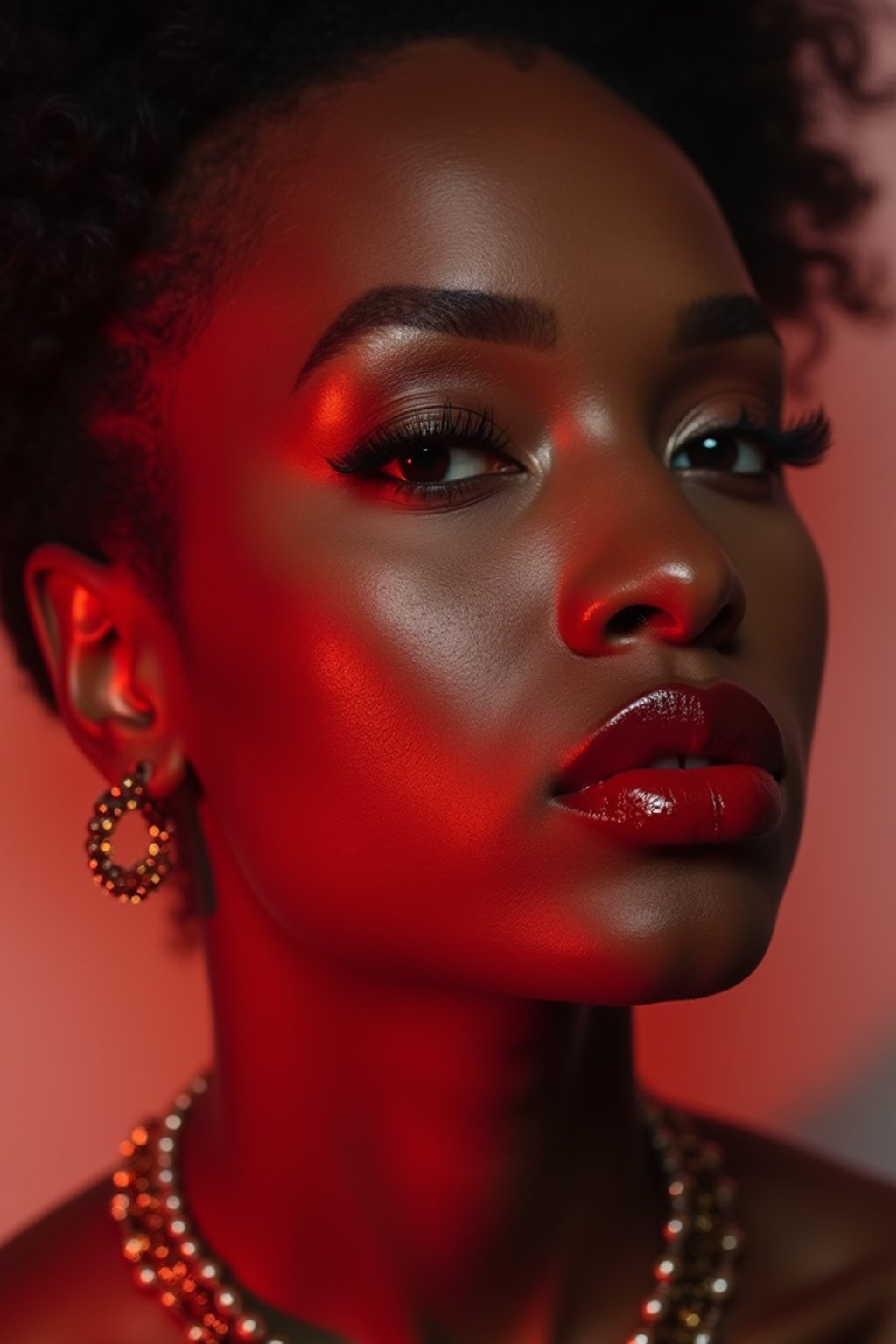 close-up of Model with a bold red lipstick and smokey eye makeup, her face half-lit in dramatic lighting. set against a soft, pastel background