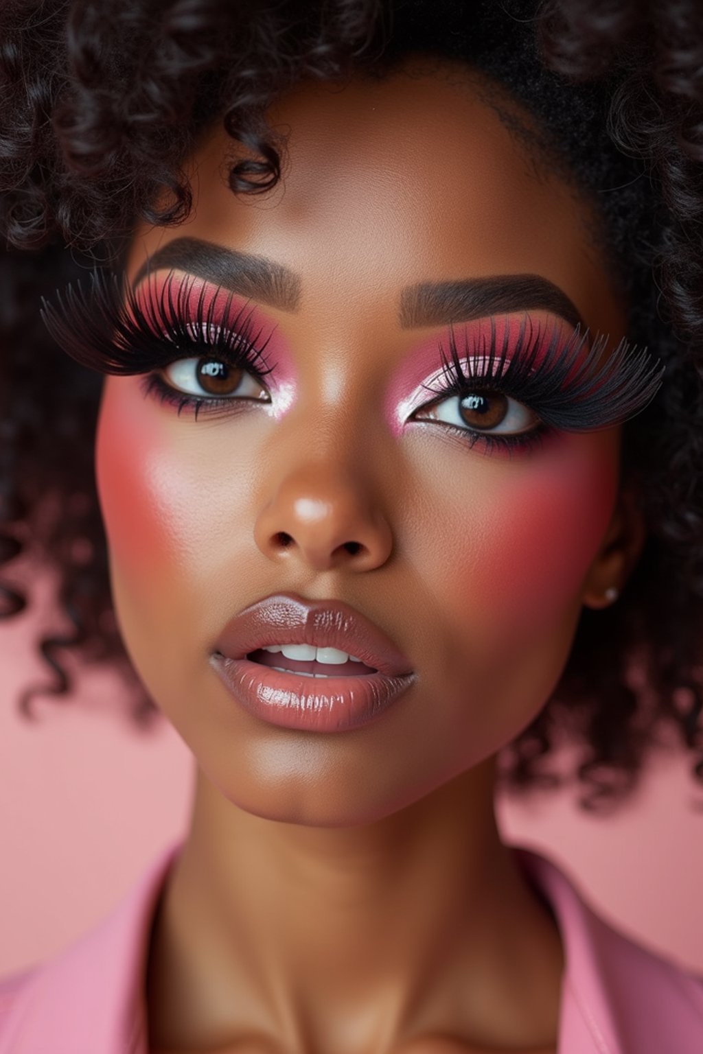 close-up of woman showcasing an Korean-style manga makeup look on woman, featuring oversized, dramatically long eyelashes that create a wide-eyed, whimsical appearance. The look is completed with bold, graphic eyeliner and a subtle blush to enhance the youthful and playful vibe. set against a soft, pastel background