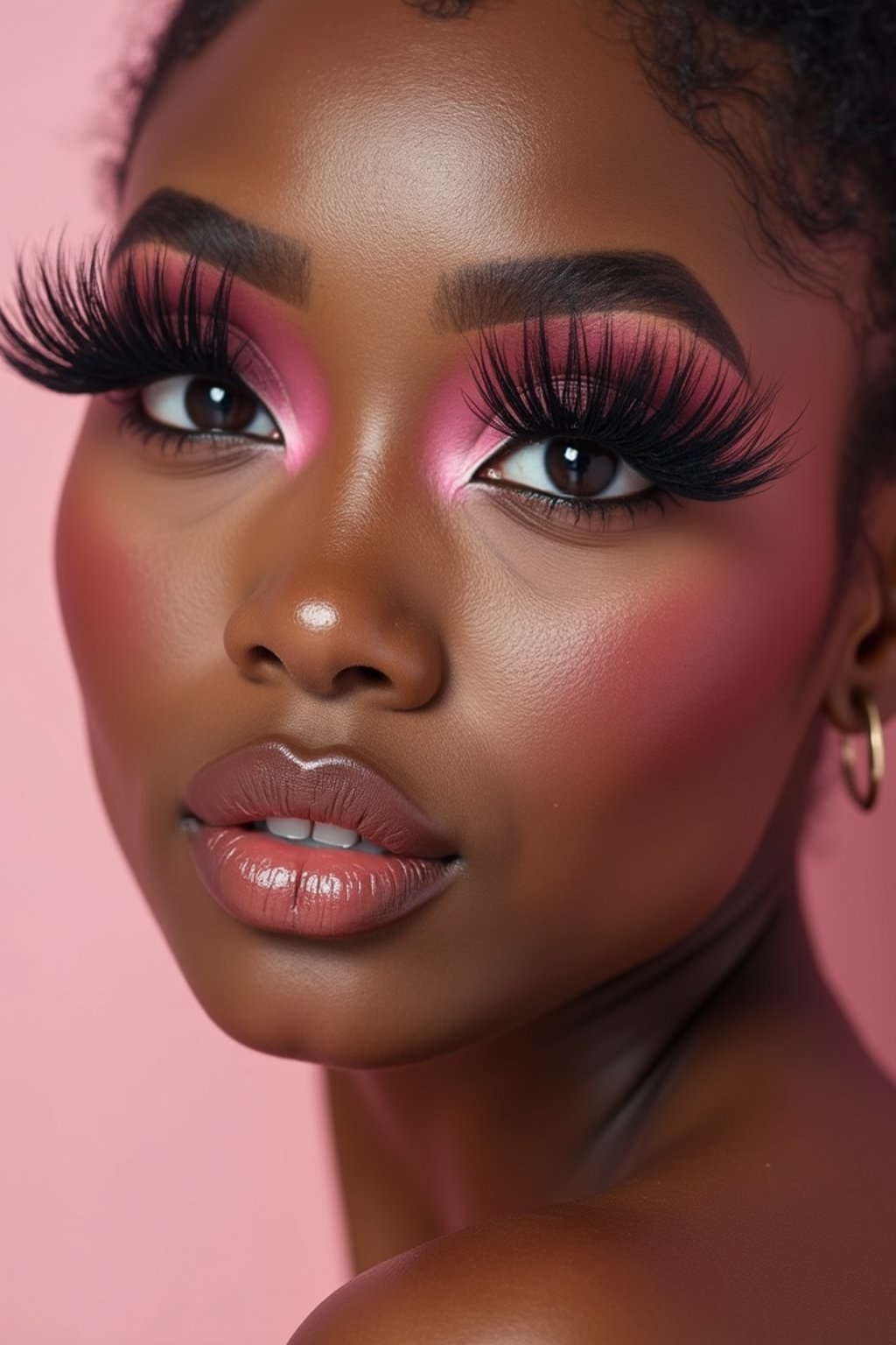 close-up of woman showcasing an Korean-style manga makeup look on woman, featuring oversized, dramatically long eyelashes that create a wide-eyed, whimsical appearance. The look is completed with bold, graphic eyeliner and a subtle blush to enhance the youthful and playful vibe. set against a soft, pastel background