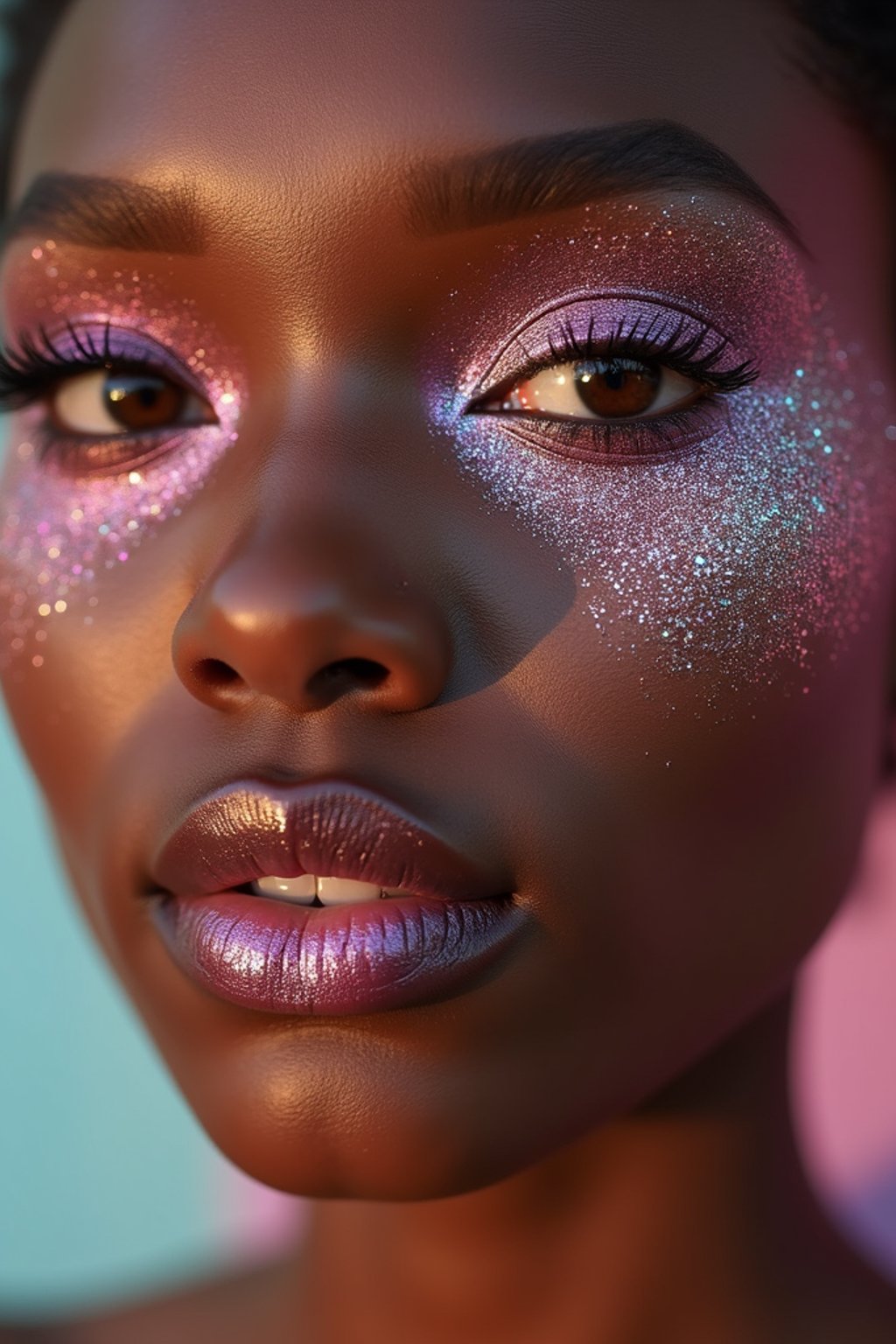 close-up of woman with glittery eye shadow and high-shine gloss, set against a soft, pastel background