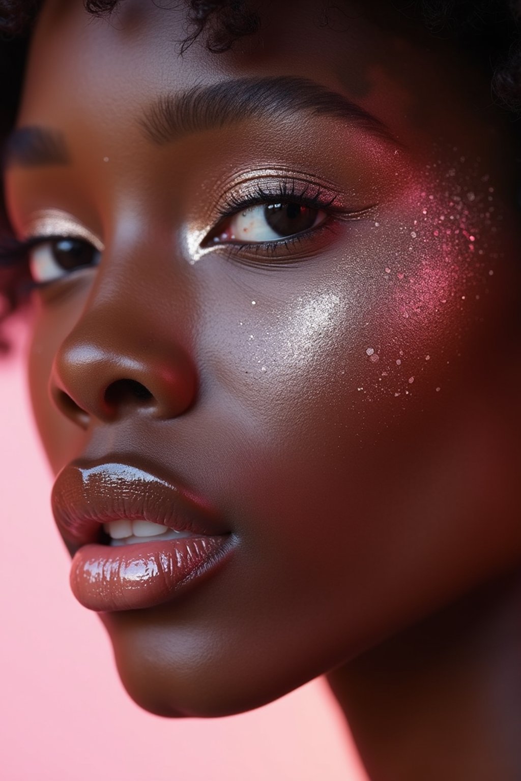 close-up of woman with glittery eye shadow and high-shine gloss, set against a soft, pastel background