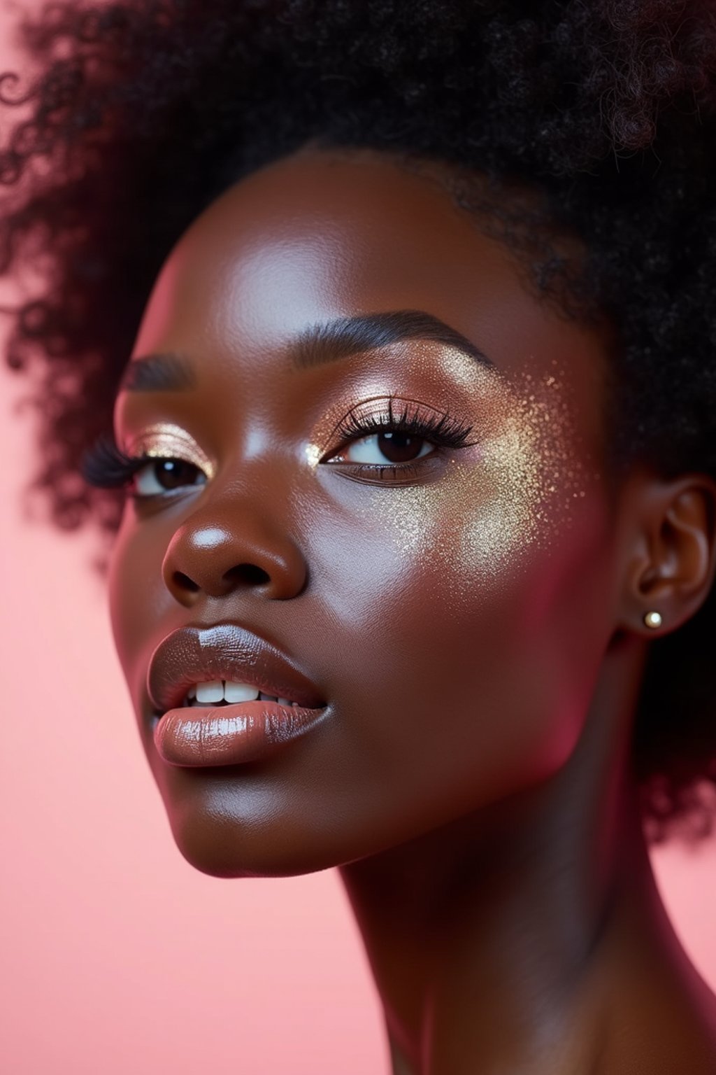 close-up of woman with glittery eye shadow and high-shine gloss, set against a soft, pastel background