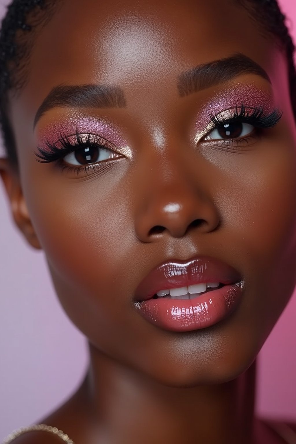 close-up of woman with glittery eye shadow and high-shine gloss, set against a soft, pastel background