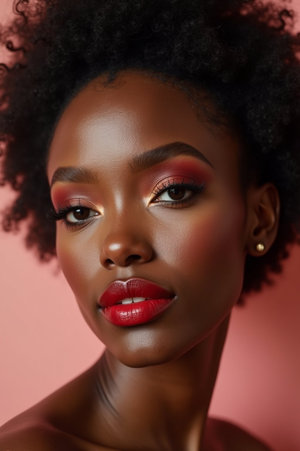 close up of woman with a bold red lipstick and smokey eye makeup. set against a soft, pastel background