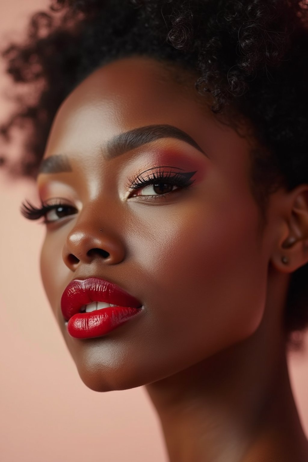 close up of woman with a bold red lipstick and smokey eye makeup. set against a soft, pastel background