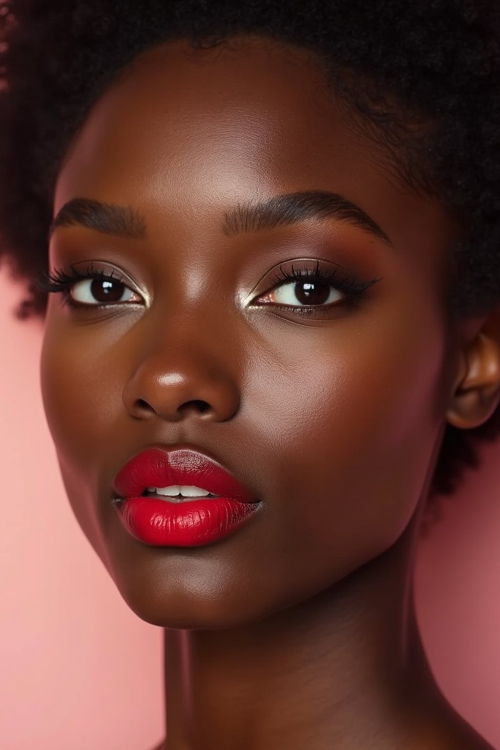 close up of woman with a bold red lipstick and smokey eye makeup. set against a soft, pastel background