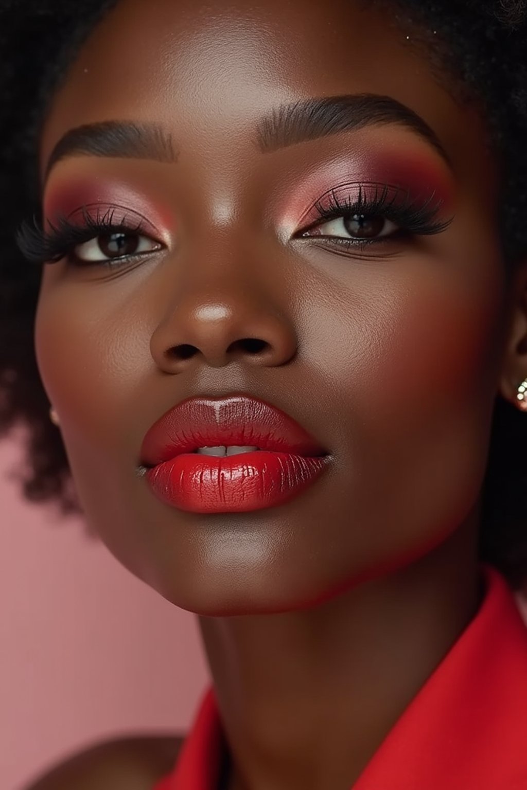 close up of woman with a bold red lipstick and smokey eye makeup. set against a soft, pastel background