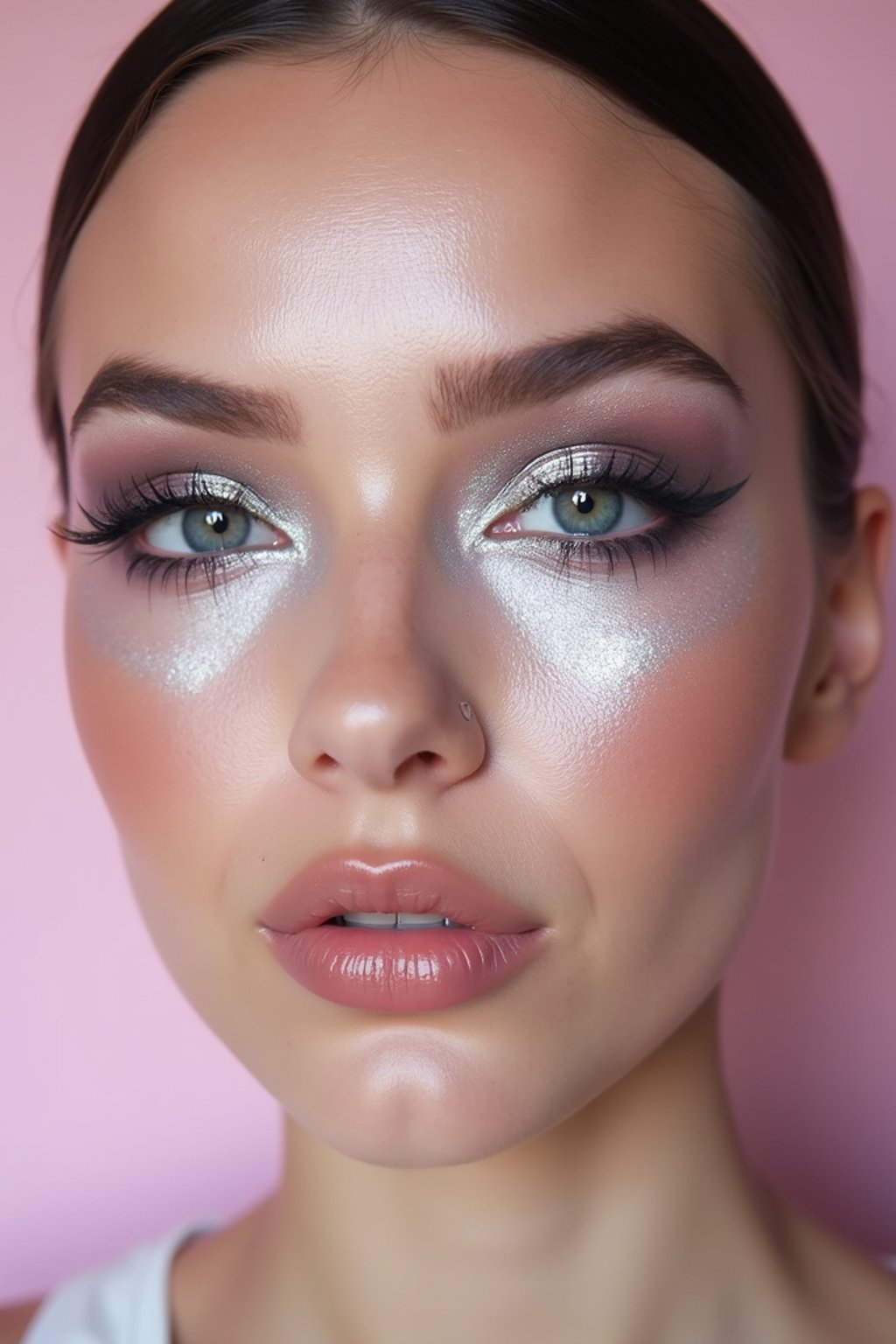 close-up of Futuristic makeup with metallic eyeshadow and sharp contouring. set against a soft, pastel background