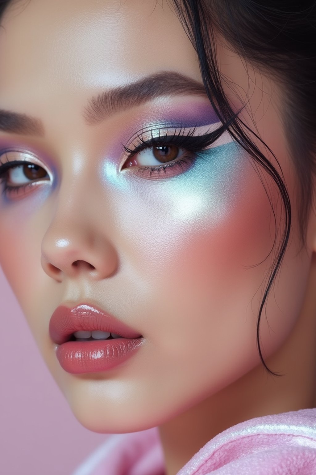 close-up of Futuristic makeup with metallic eyeshadow and sharp contouring. set against a soft, pastel background