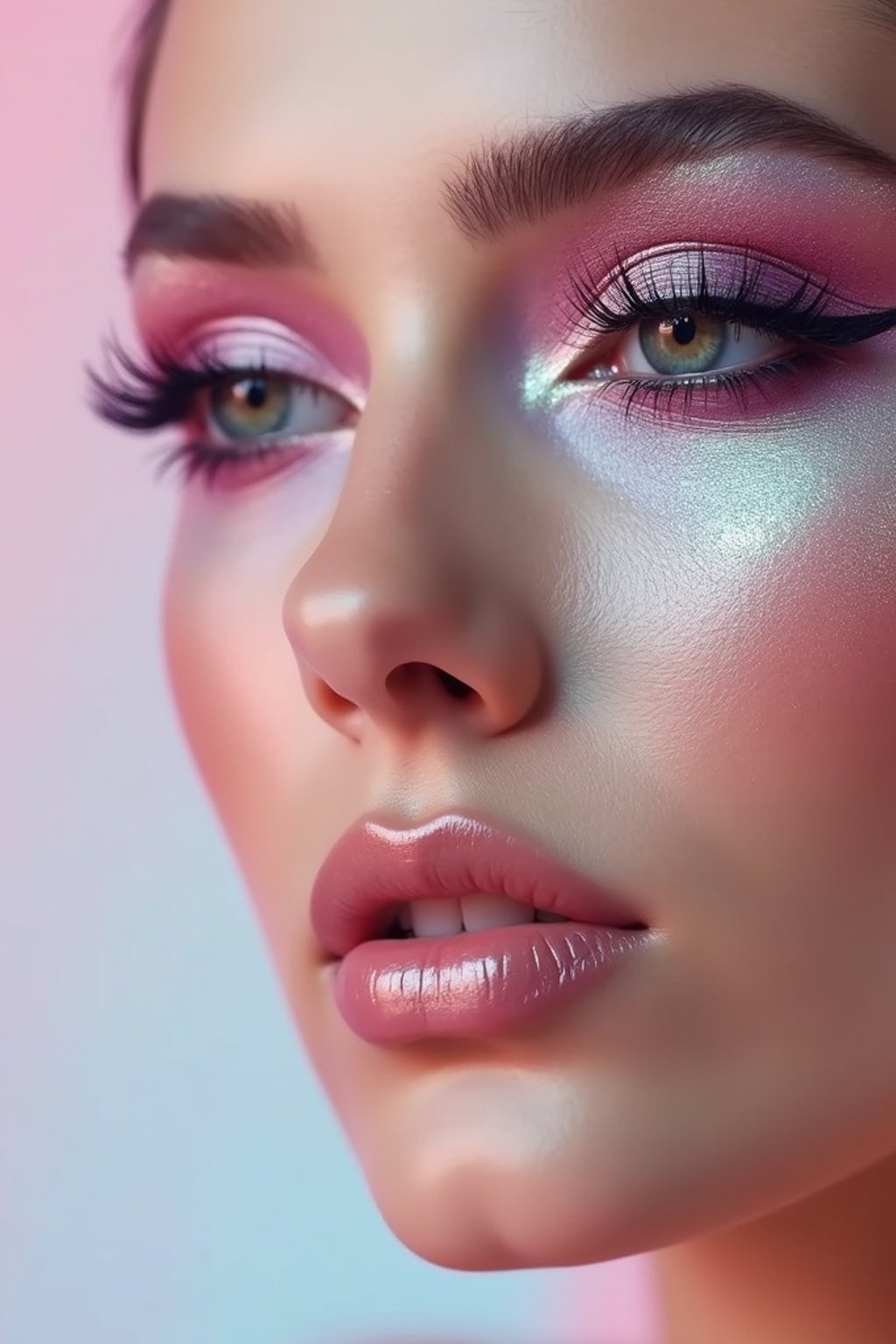 close-up of Futuristic makeup with metallic eyeshadow and sharp contouring. set against a soft, pastel background