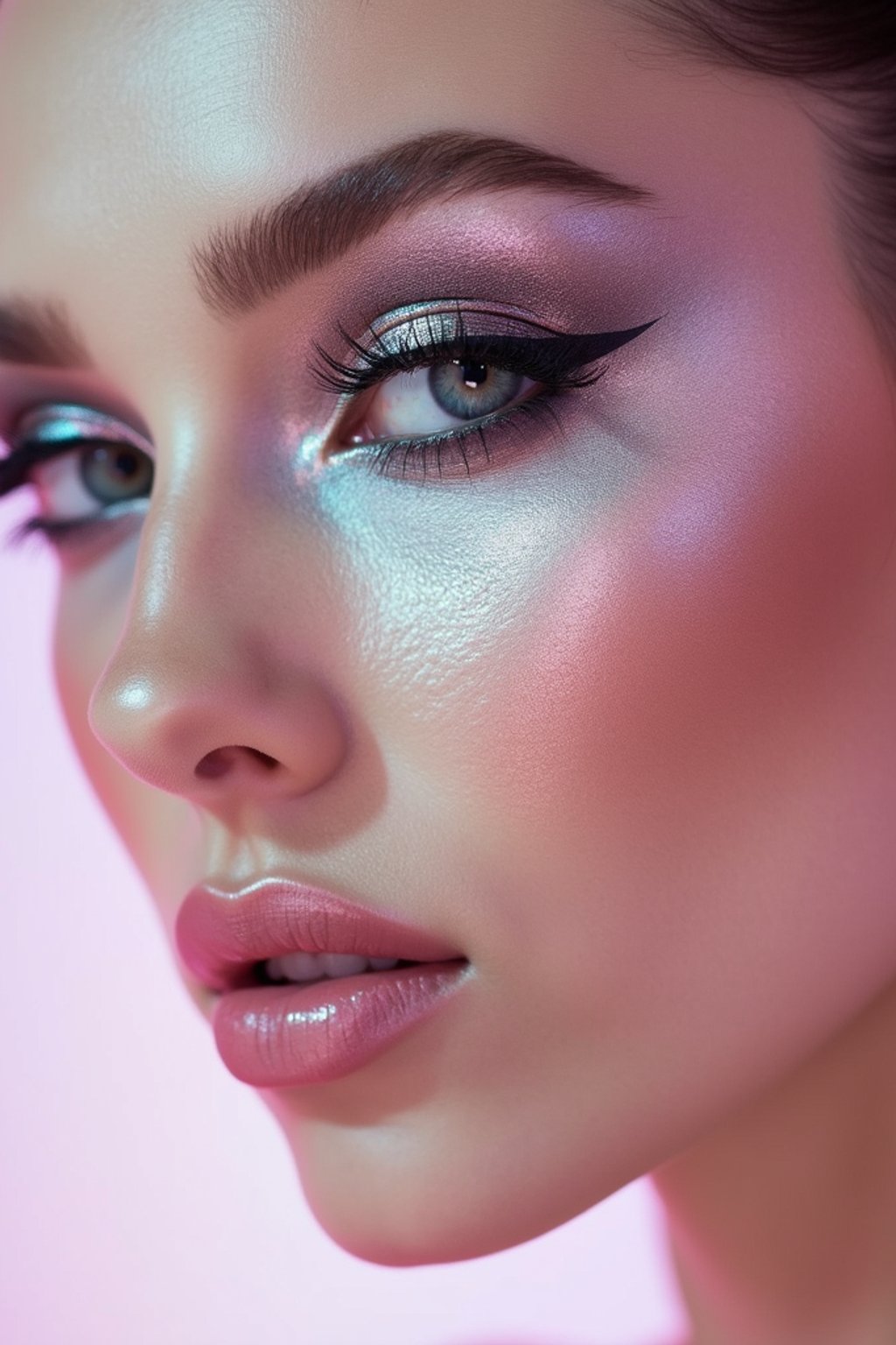 close-up of Futuristic makeup with metallic eyeshadow and sharp contouring. set against a soft, pastel background