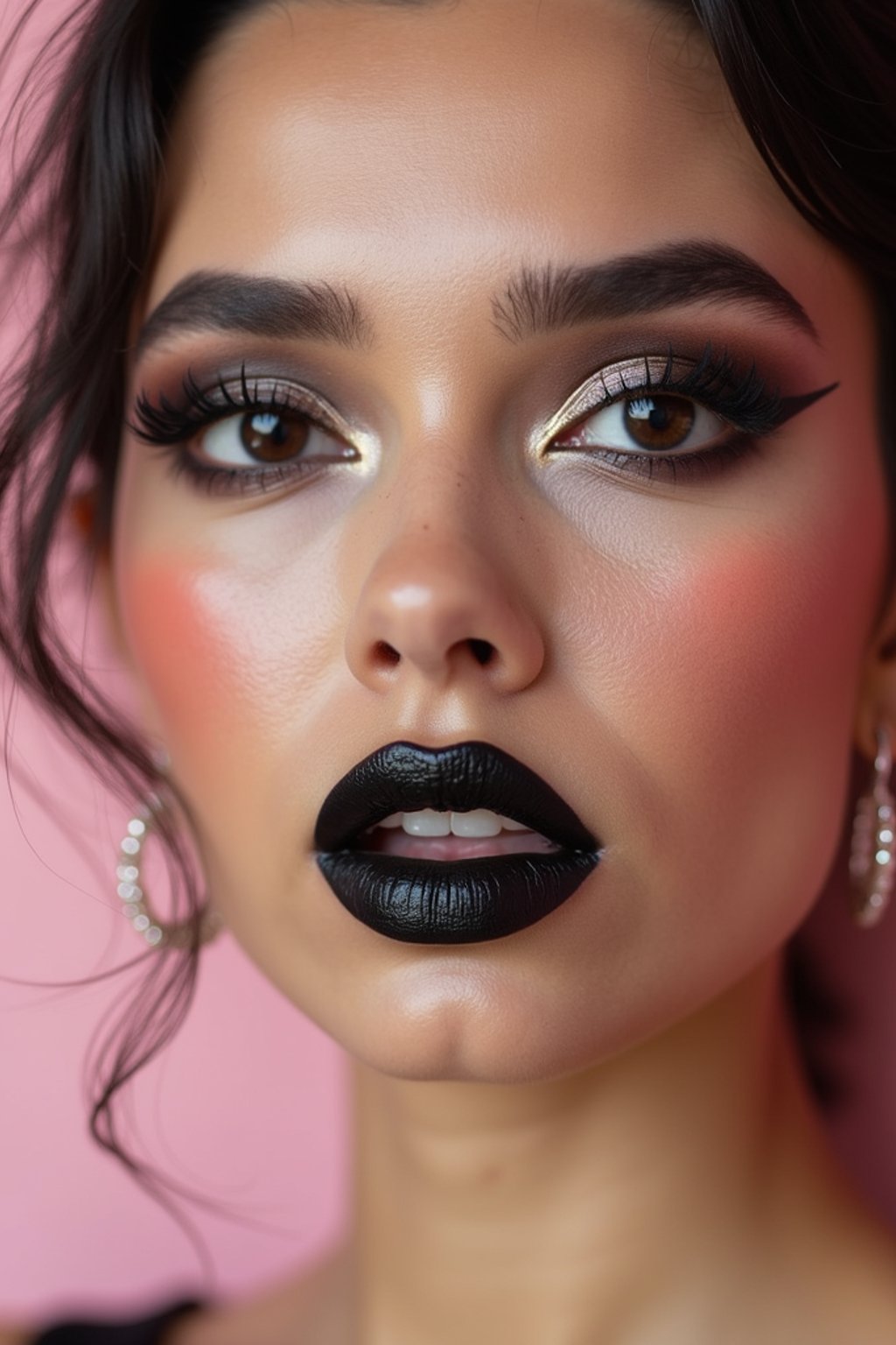 close-up of Edgy makeup look with dark, glossy lips and contoured cheeks. set against a soft, pastel background