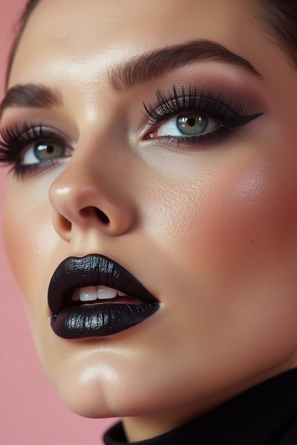 close-up of Edgy makeup look with dark, glossy lips and contoured cheeks. set against a soft, pastel background