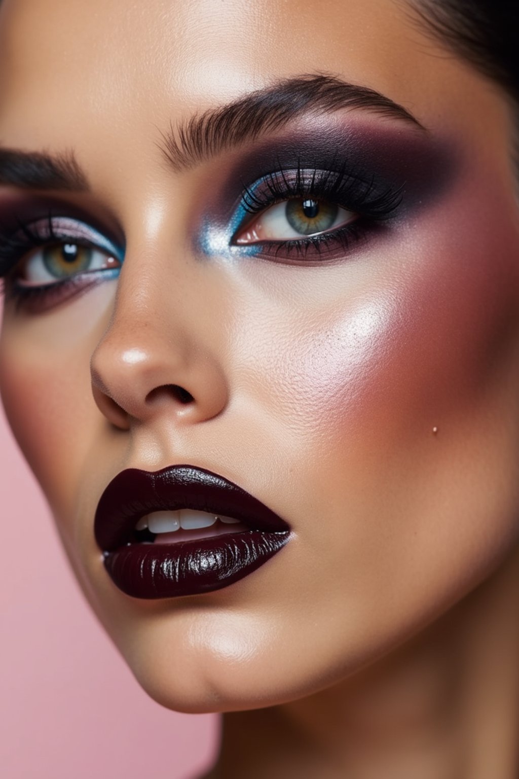 close-up of Edgy makeup look with dark, glossy lips and contoured cheeks. set against a soft, pastel background