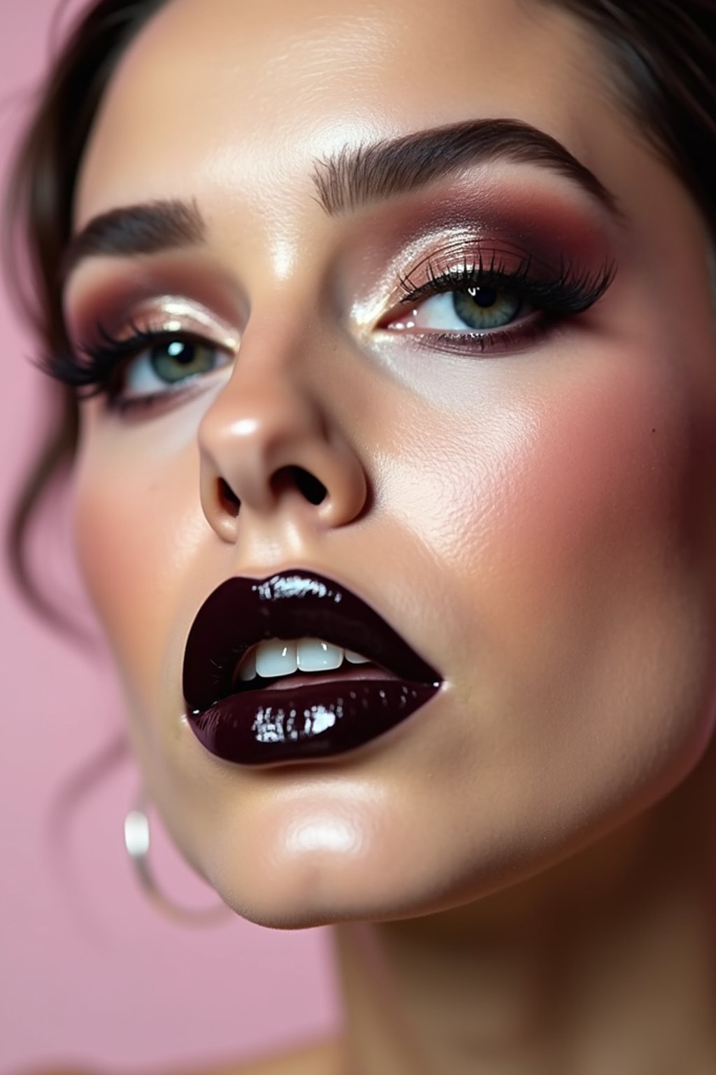 close-up of Edgy makeup look with dark, glossy lips and contoured cheeks. set against a soft, pastel background