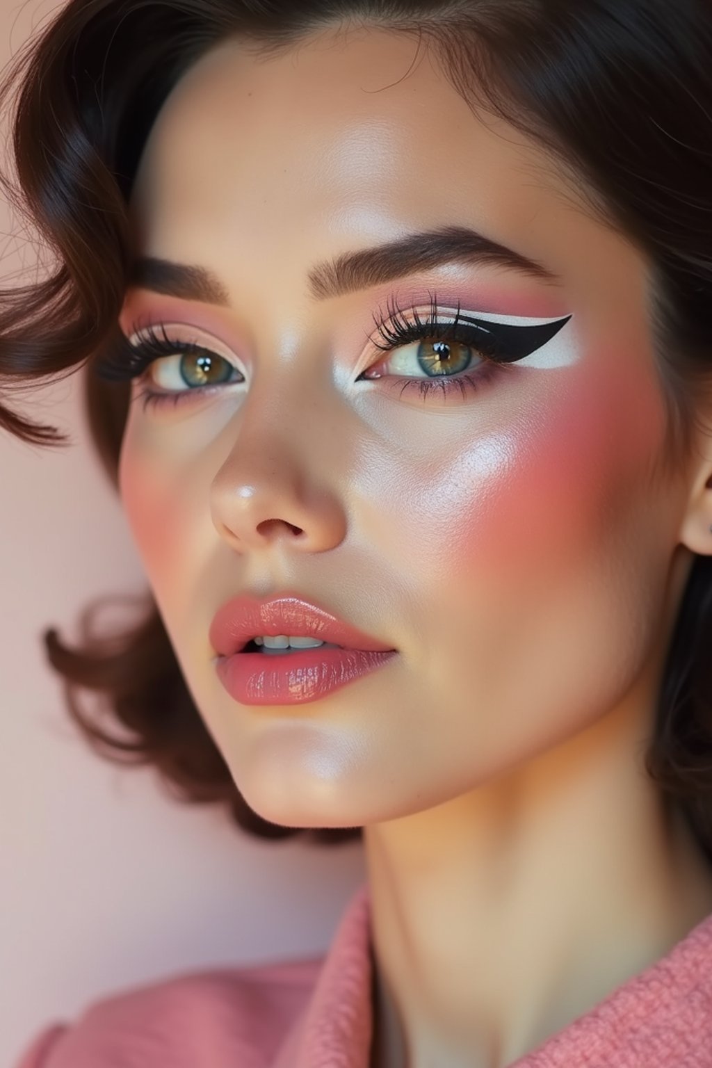 close-up of Model with a retro 60s makeup vibe, featuring thick eyeliner and pastel eyeshadow, paired with a vintage hairstyle. set against a soft, pastel background