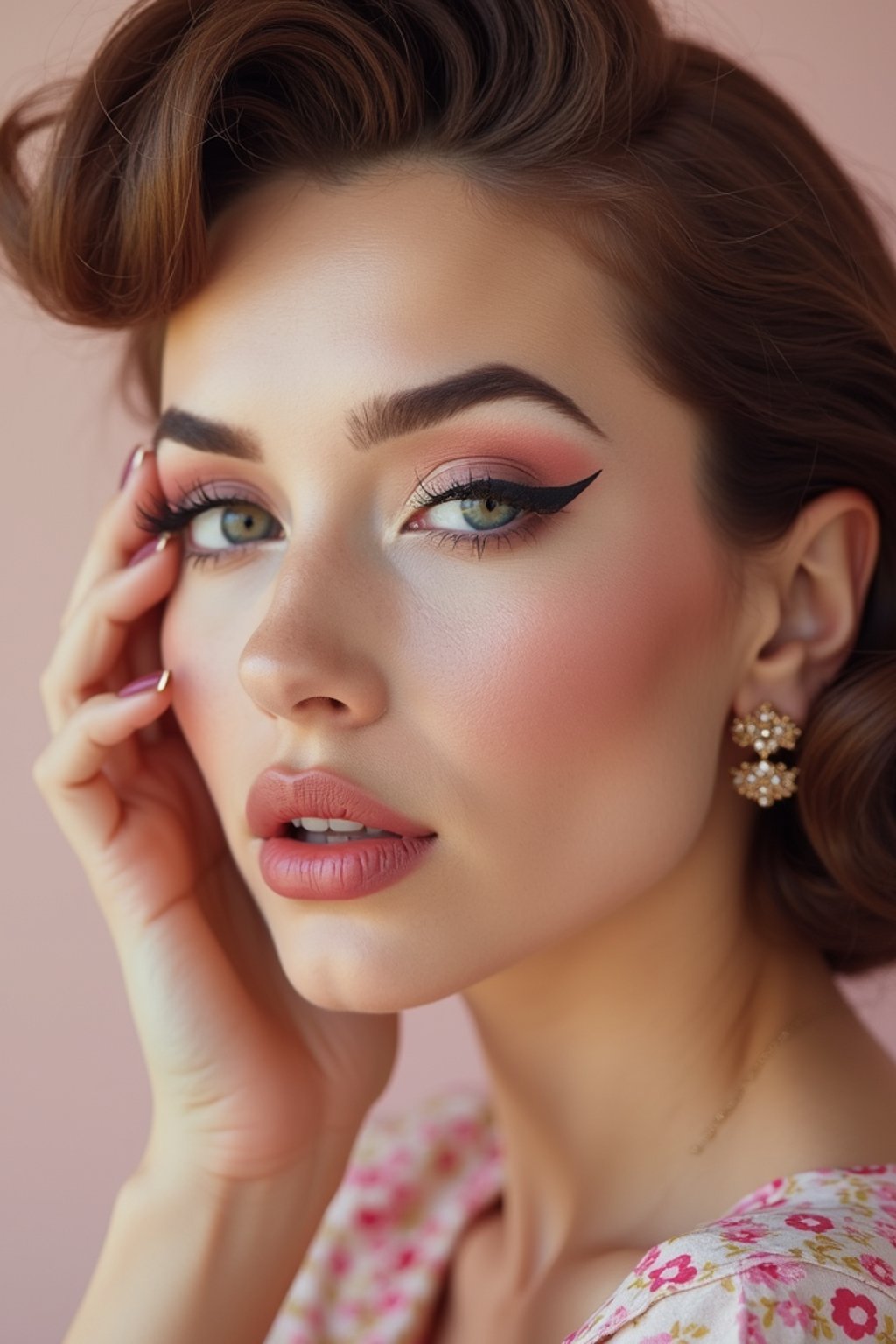 close-up of Model with a retro 60s makeup vibe, featuring thick eyeliner and pastel eyeshadow, paired with a vintage hairstyle. set against a soft, pastel background