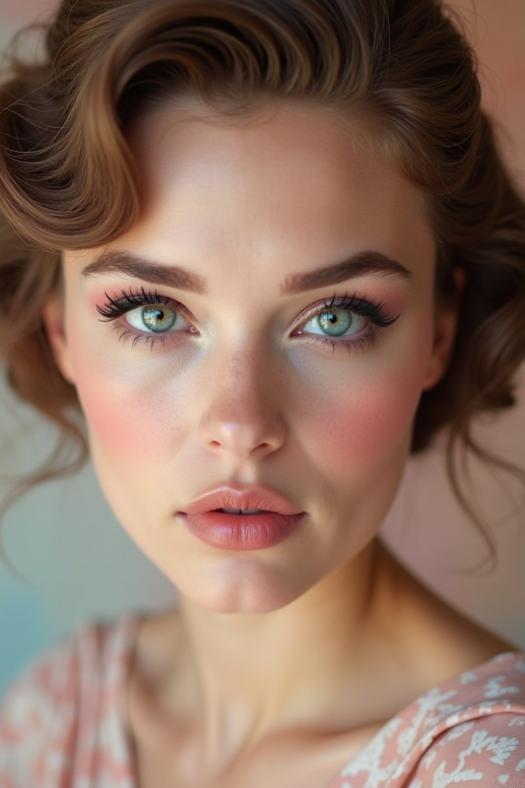 close-up of Model with a retro 60s makeup vibe, featuring thick eyeliner and pastel eyeshadow, paired with a vintage hairstyle. set against a soft, pastel background