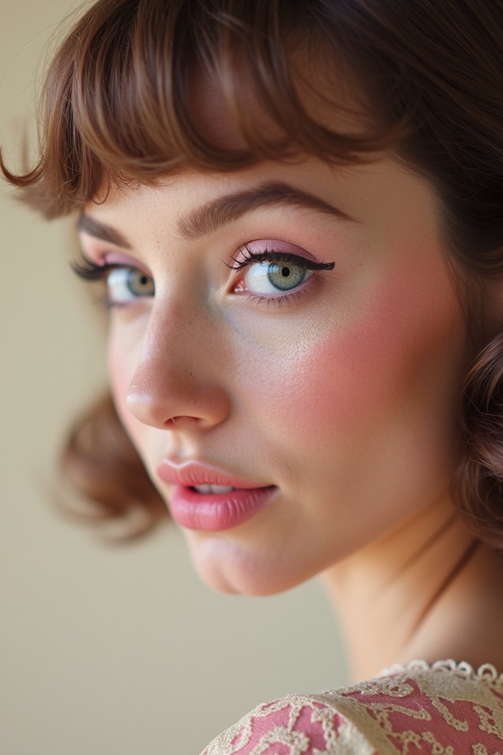 close-up of Model with a retro 60s makeup vibe, featuring thick eyeliner and pastel eyeshadow, paired with a vintage hairstyle. set against a soft, pastel background