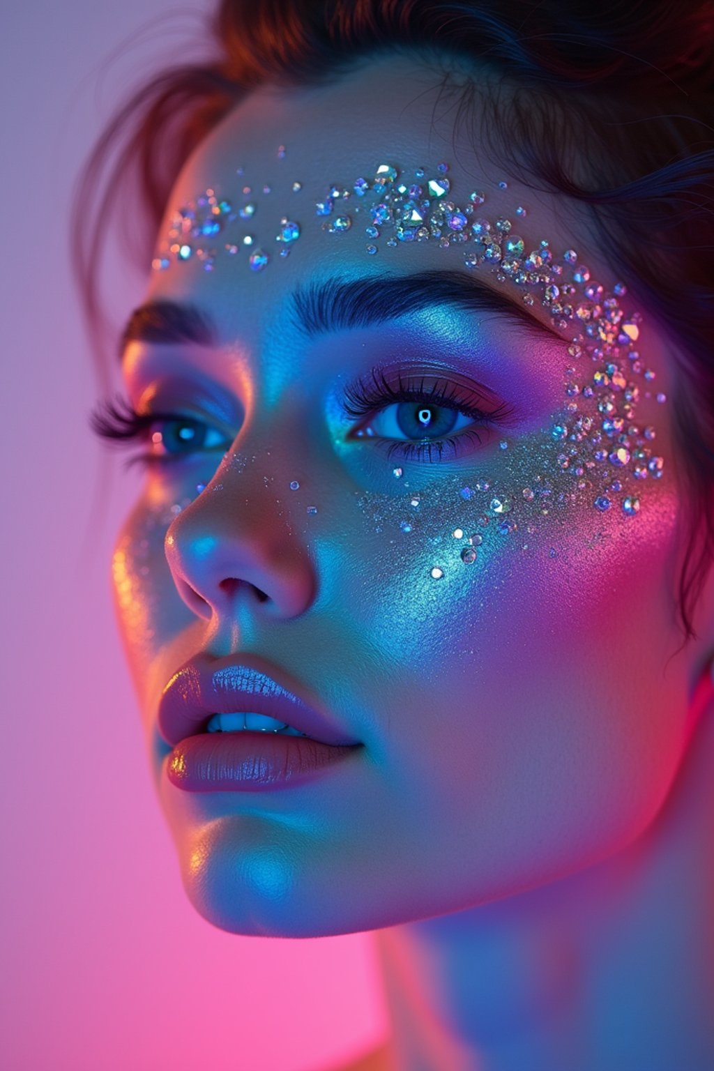 close-up of Artistic makeup with face jewels and iridescent highlighter, captured under a UV light for a glowing effect. set against a soft, pastel background