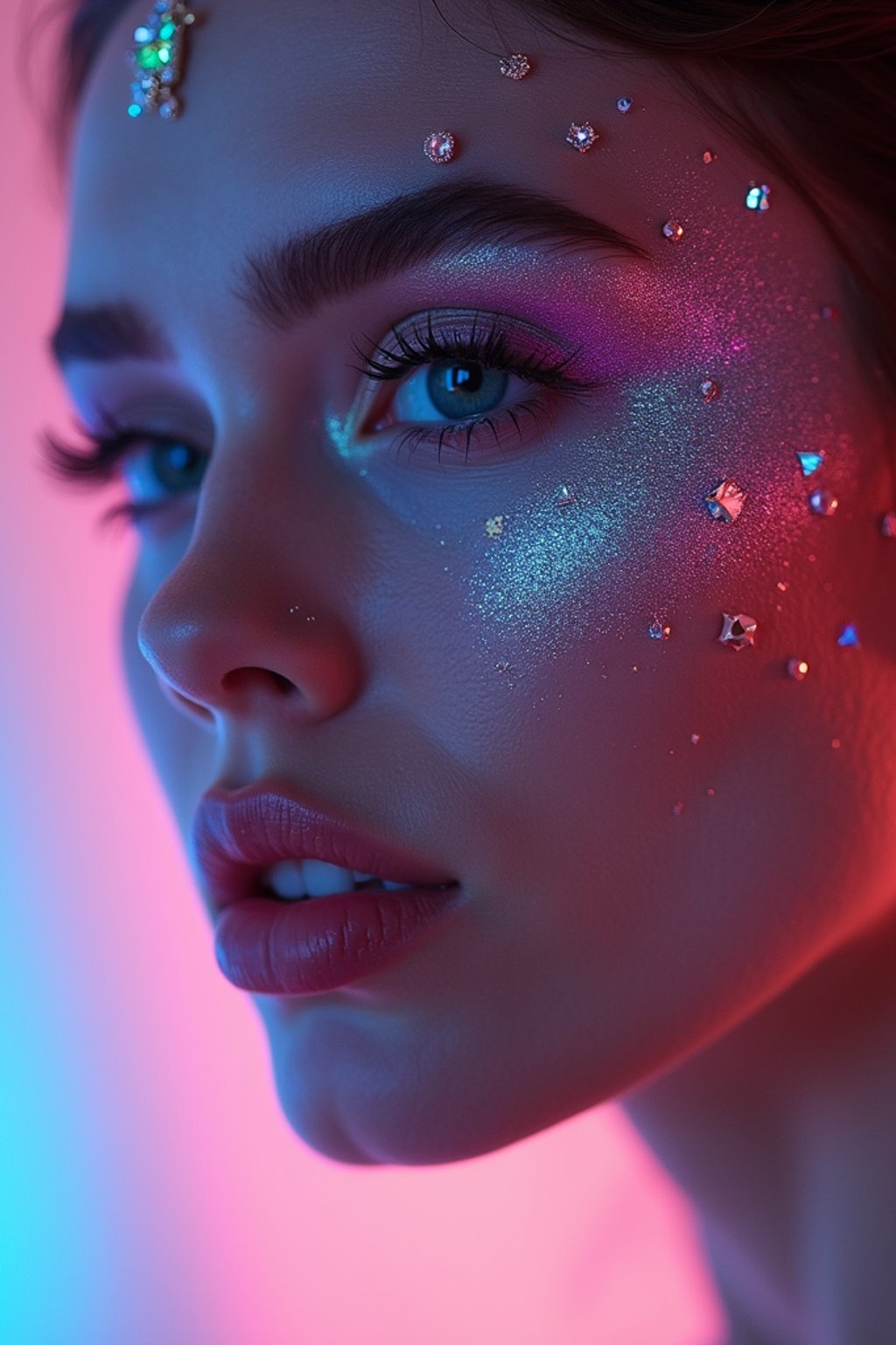 close-up of Artistic makeup with face jewels and iridescent highlighter, captured under a UV light for a glowing effect. set against a soft, pastel background