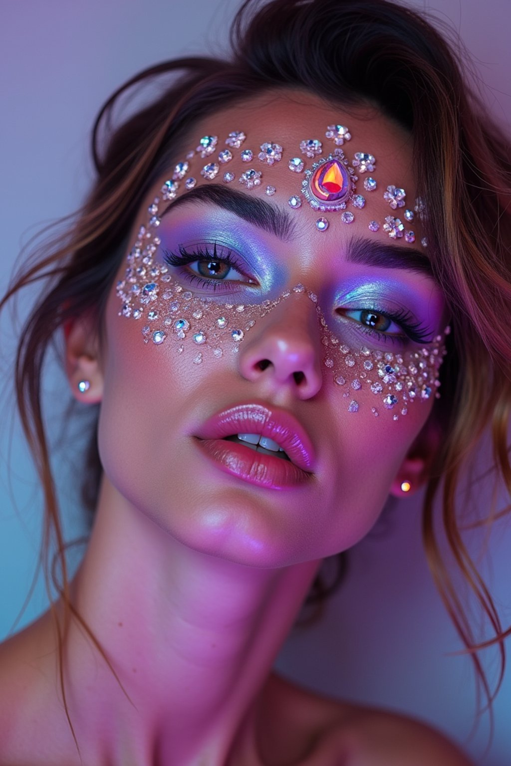 close-up of Artistic makeup with face jewels and iridescent highlighter, captured under a UV light for a glowing effect. set against a soft, pastel background