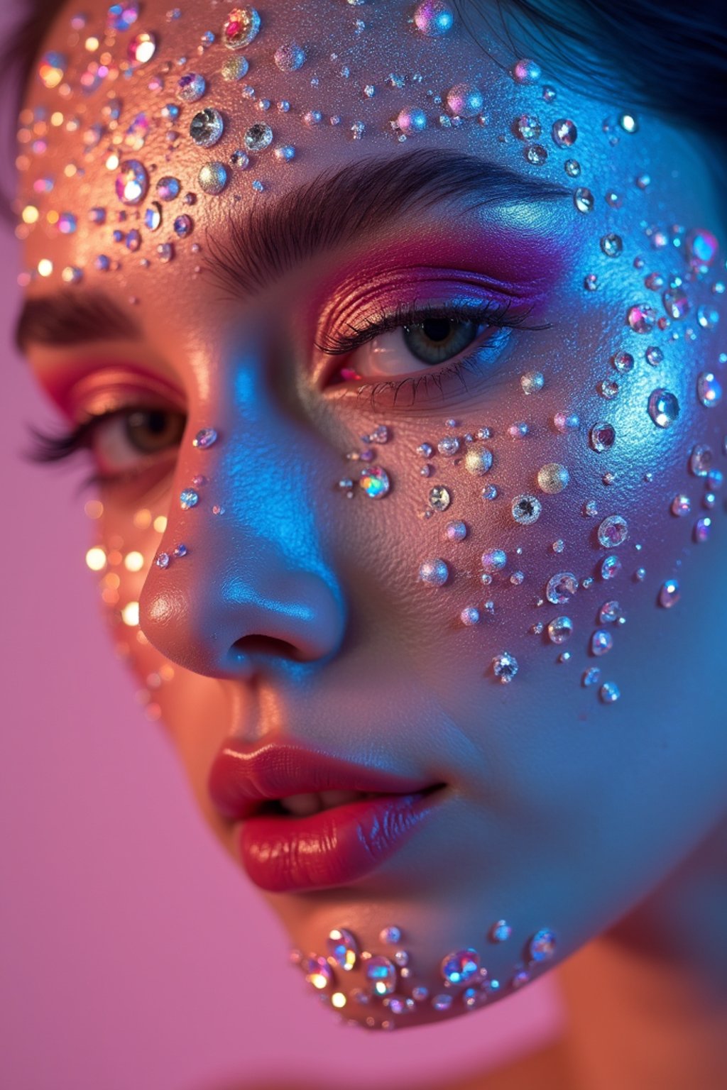 close-up of Artistic makeup with face jewels and iridescent highlighter, captured under a UV light for a glowing effect. set against a soft, pastel background