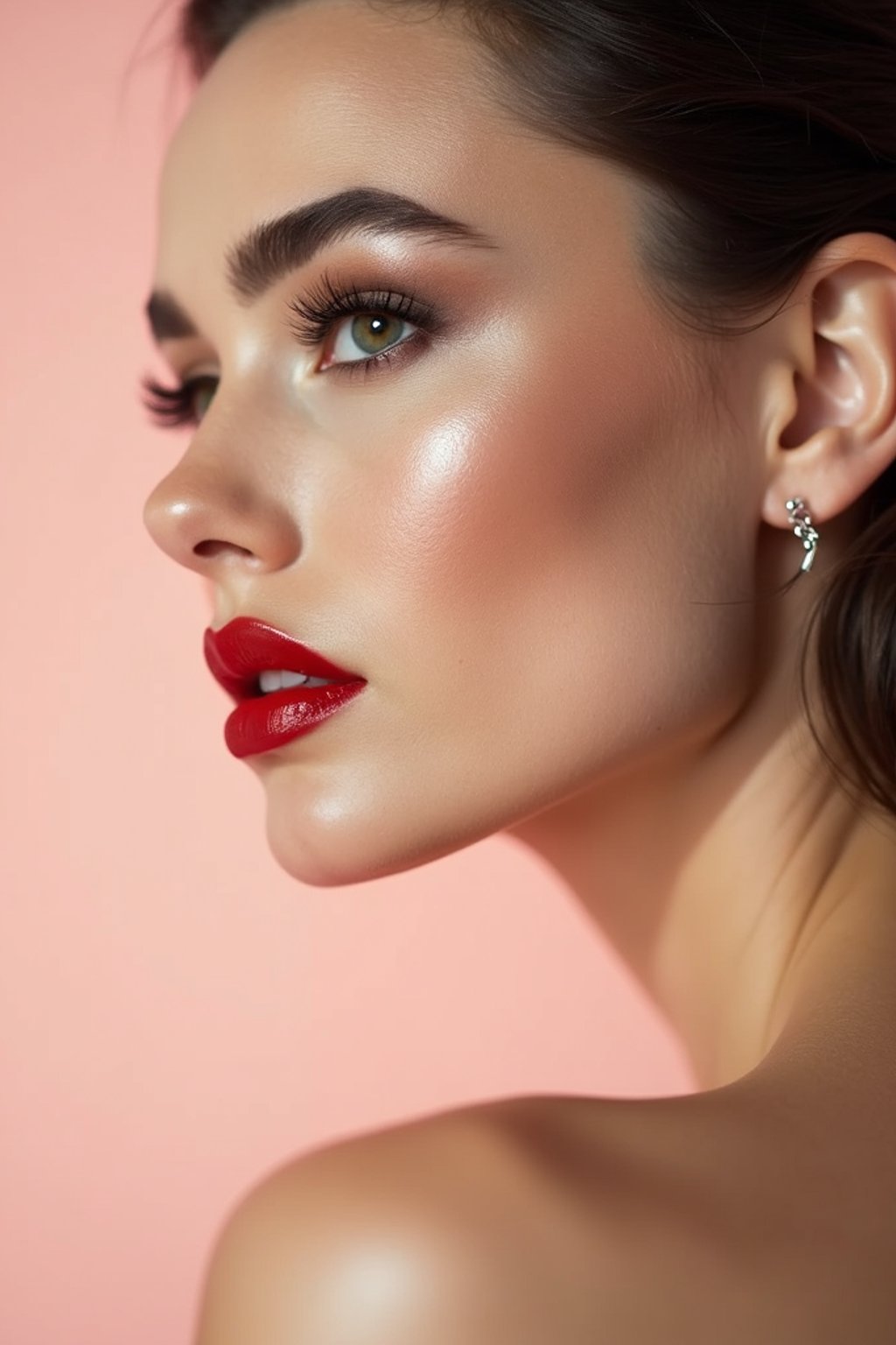 close-up of Elegant profile shot of a woman with classic Hollywood makeup, featuring bold eyebrows and red lips. set against a soft, pastel background