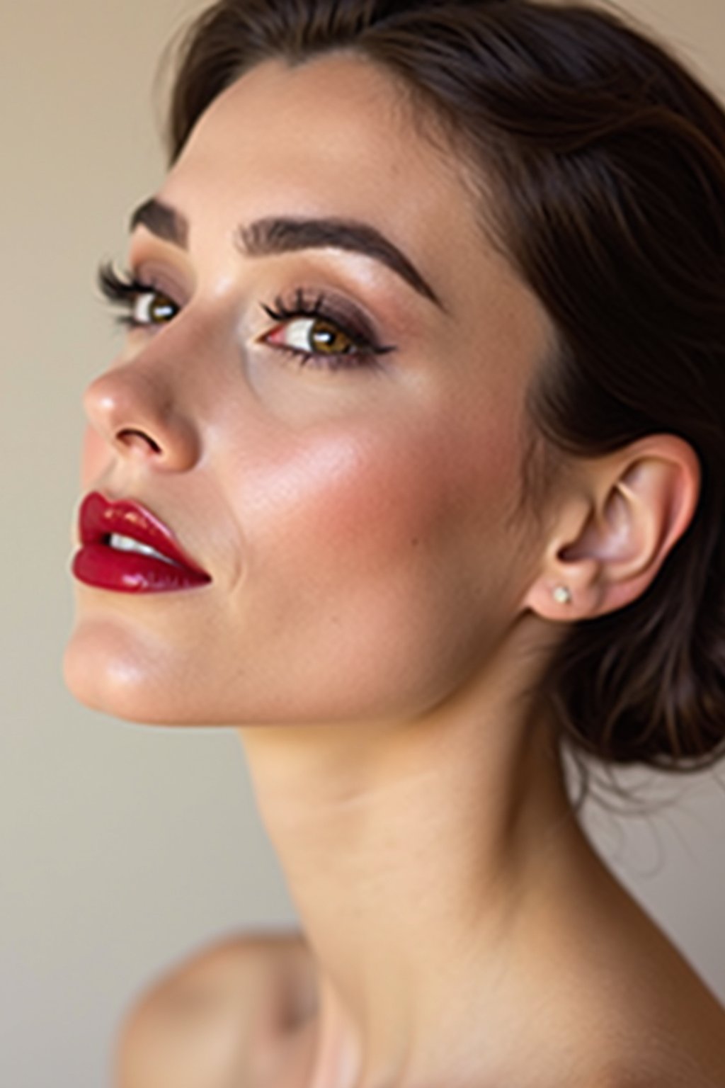 close-up of Elegant profile shot of a woman with classic Hollywood makeup, featuring bold eyebrows and red lips. set against a soft, pastel background