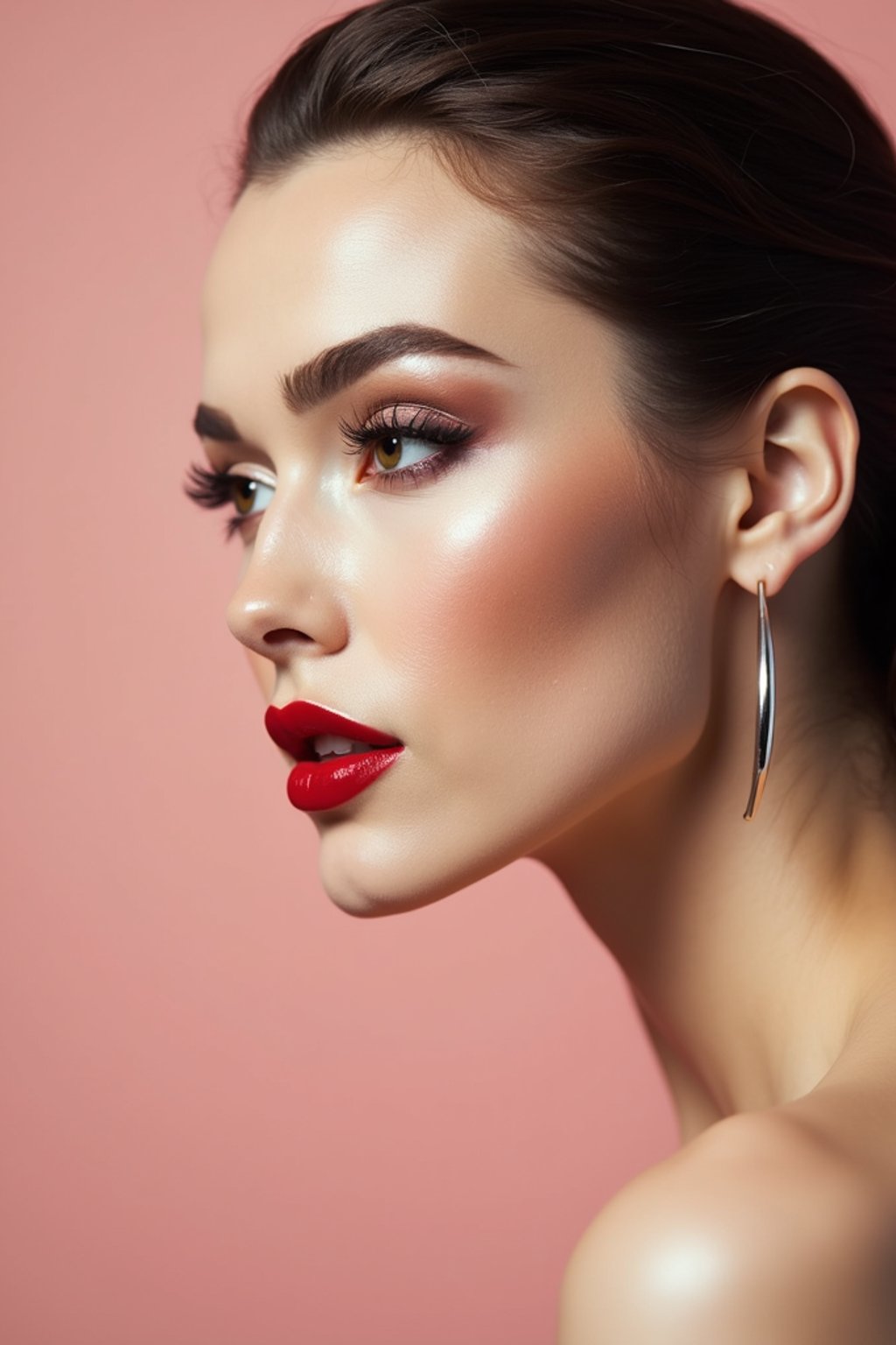 close-up of Elegant profile shot of a woman with classic Hollywood makeup, featuring bold eyebrows and red lips. set against a soft, pastel background