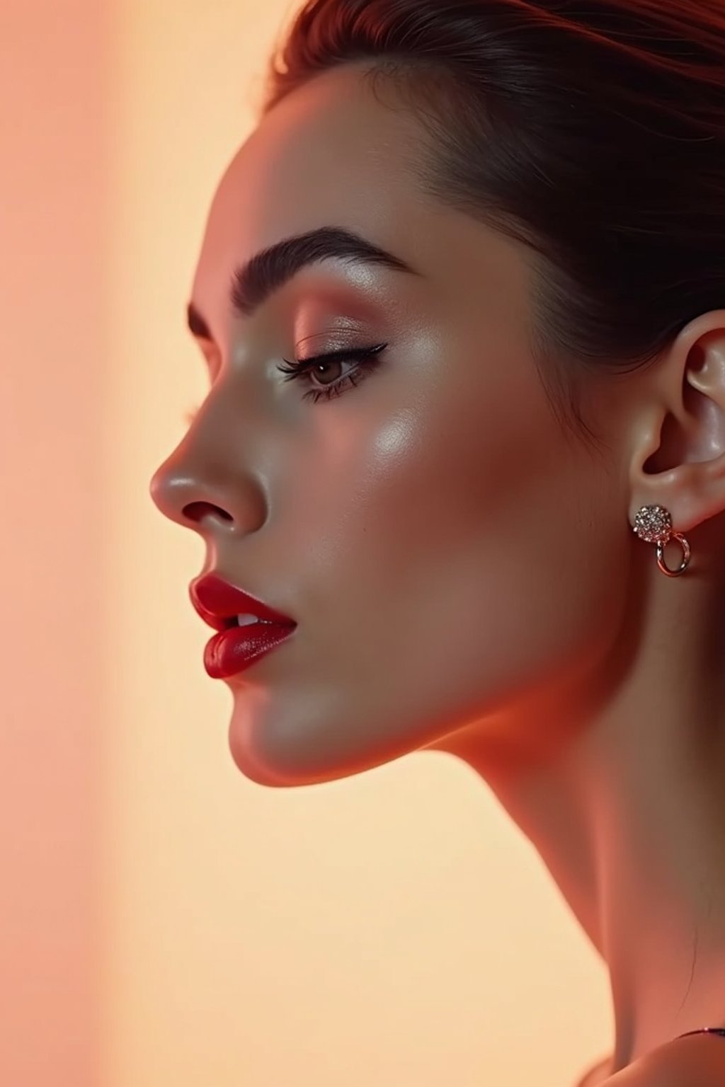 close-up of Elegant profile shot of a woman with classic Hollywood makeup, featuring bold eyebrows and red lips. set against a soft, pastel background