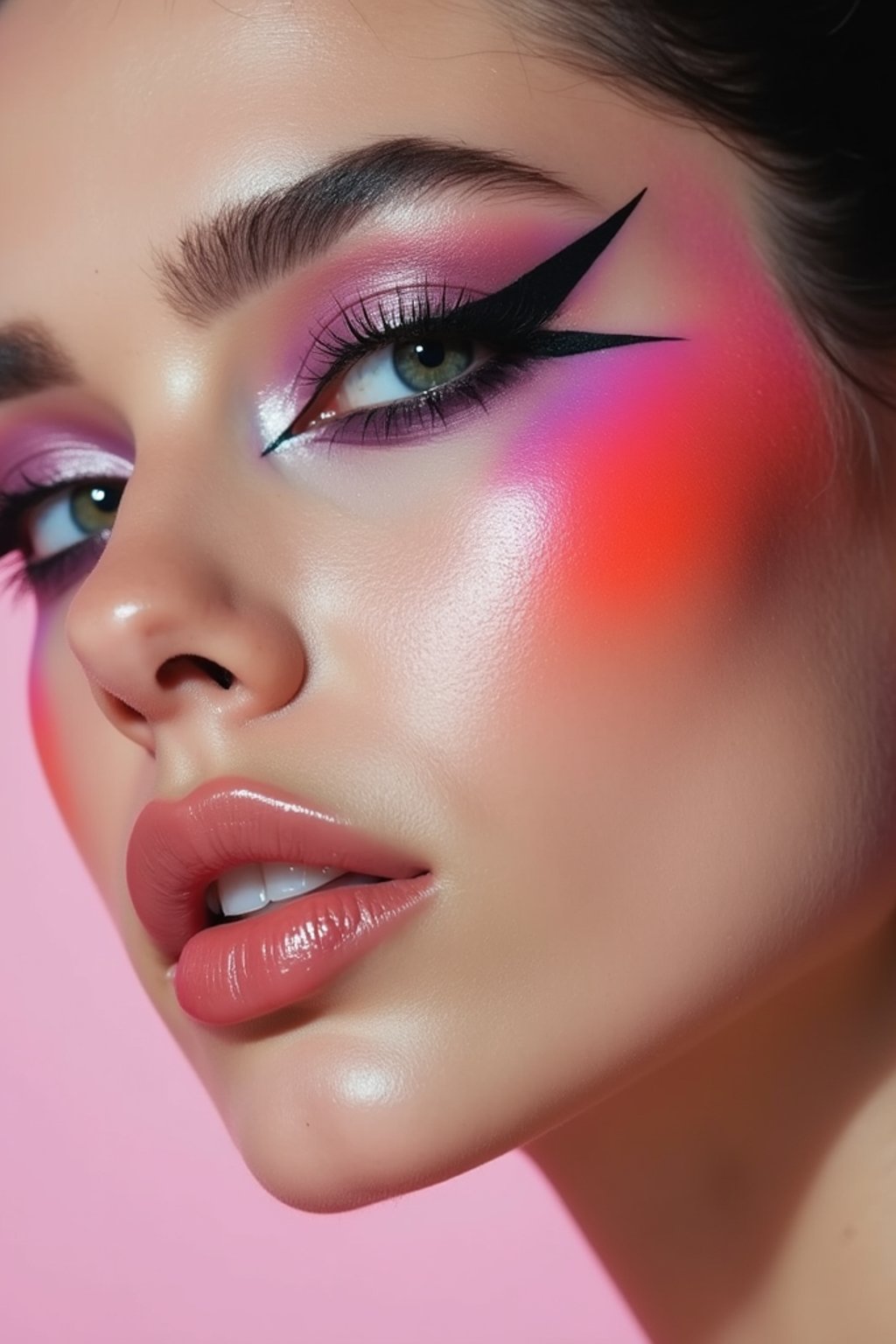 close-up of Model with an avant-garde makeup look, including graphic eyeliner shapes and vibrant cheek colors. set against a soft, pastel background