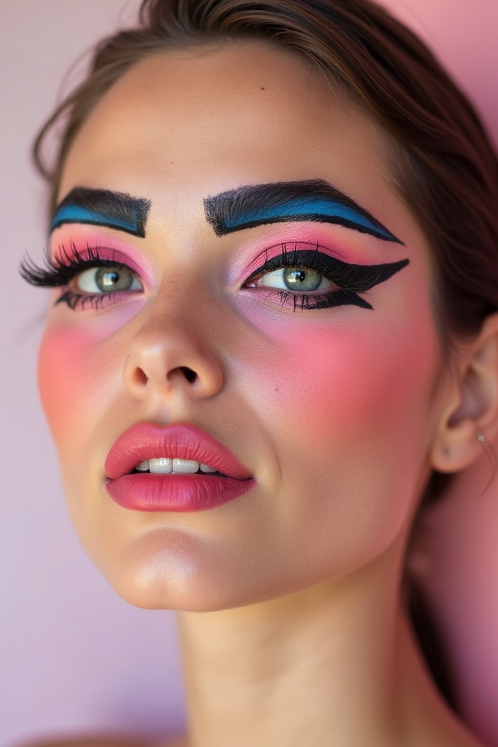 close-up of Model with an avant-garde makeup look, including graphic eyeliner shapes and vibrant cheek colors. set against a soft, pastel background