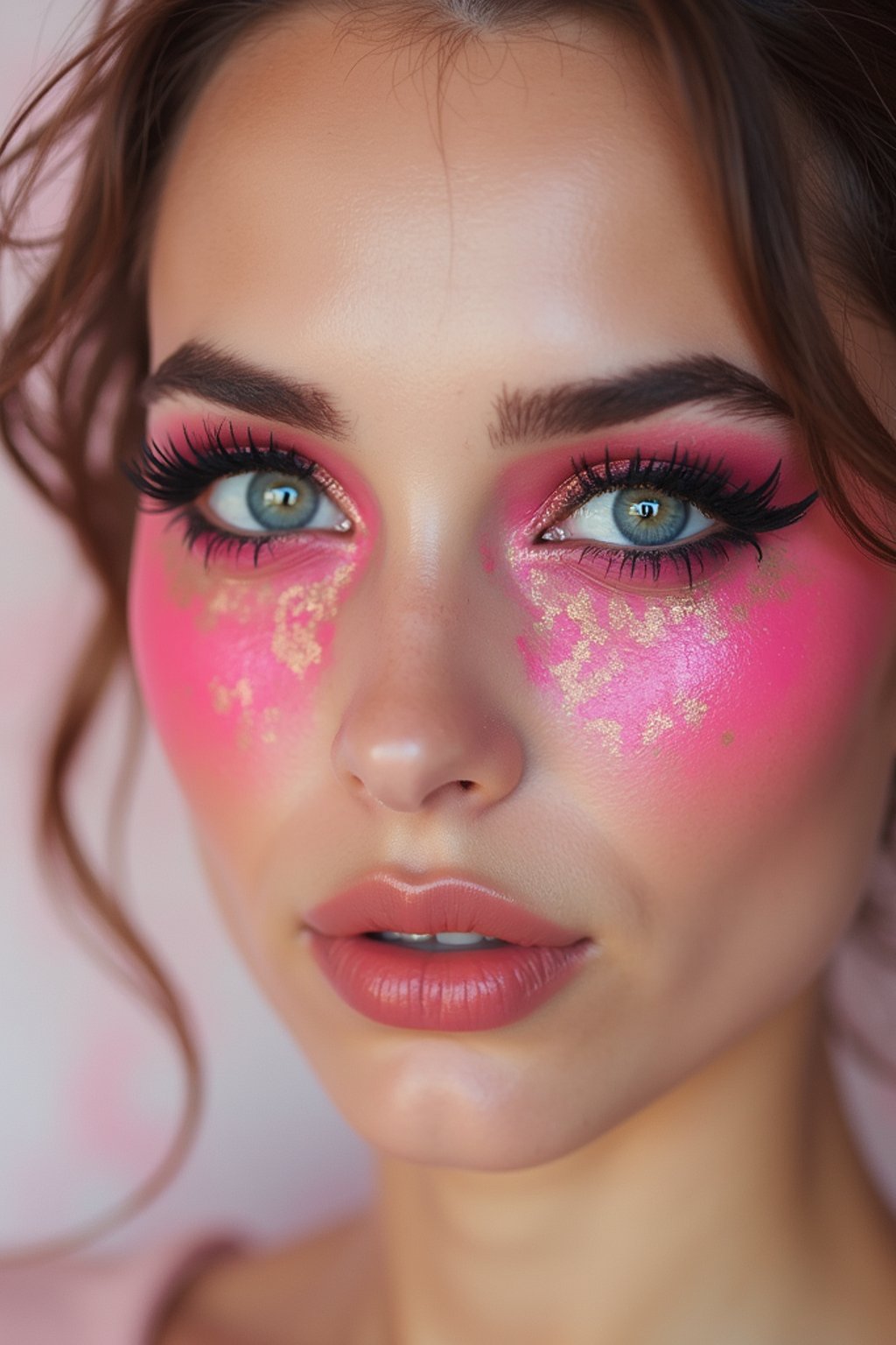 close-up of Model with an avant-garde makeup look, including graphic eyeliner shapes and vibrant cheek colors. set against a soft, pastel background