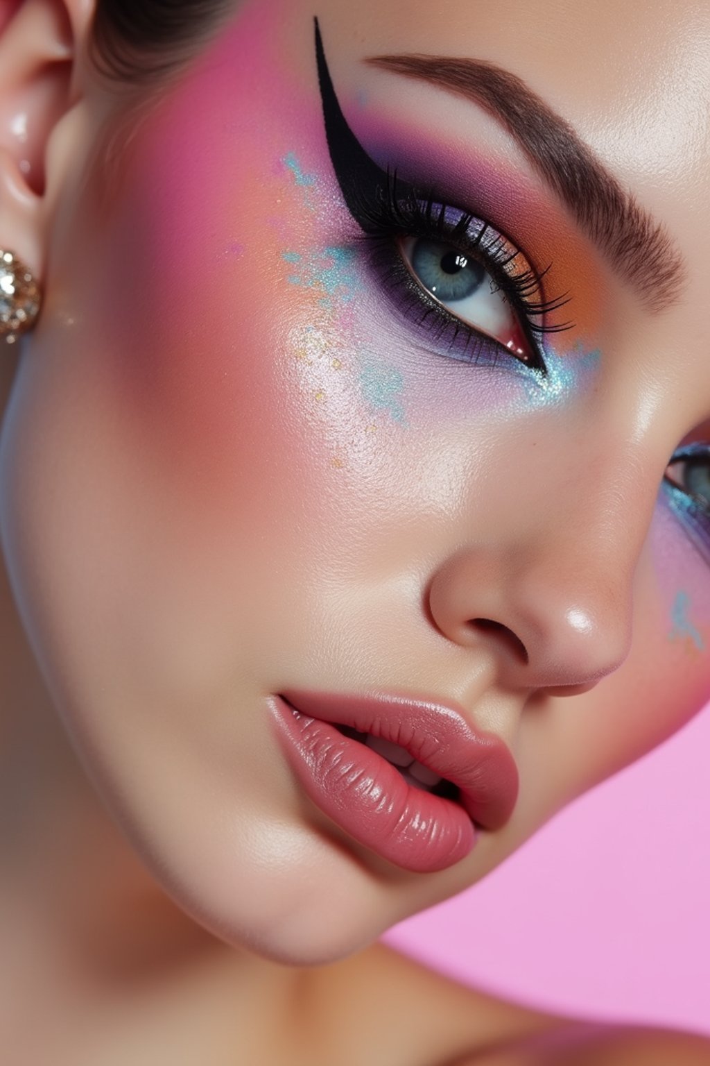 close-up of Model with an avant-garde makeup look, including graphic eyeliner shapes and vibrant cheek colors. set against a soft, pastel background