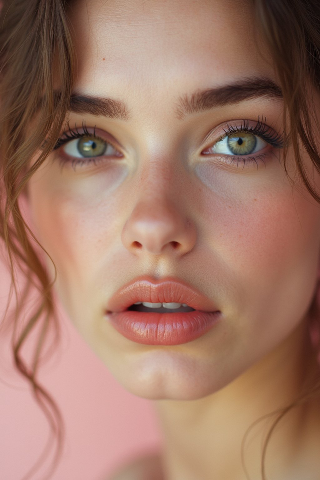 close-up of Beauty shot of woman featuring dewy skin, natural makeup look with nude lips and fluttery lashes. set against a soft, pastel background