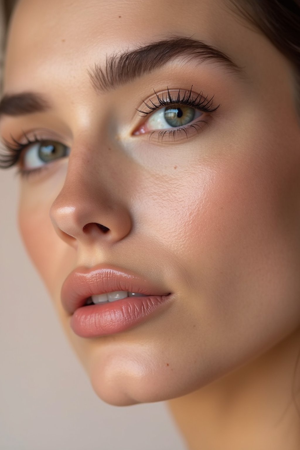 close-up of Beauty shot of woman featuring dewy skin, natural makeup look with nude lips and fluttery lashes. set against a soft, pastel background