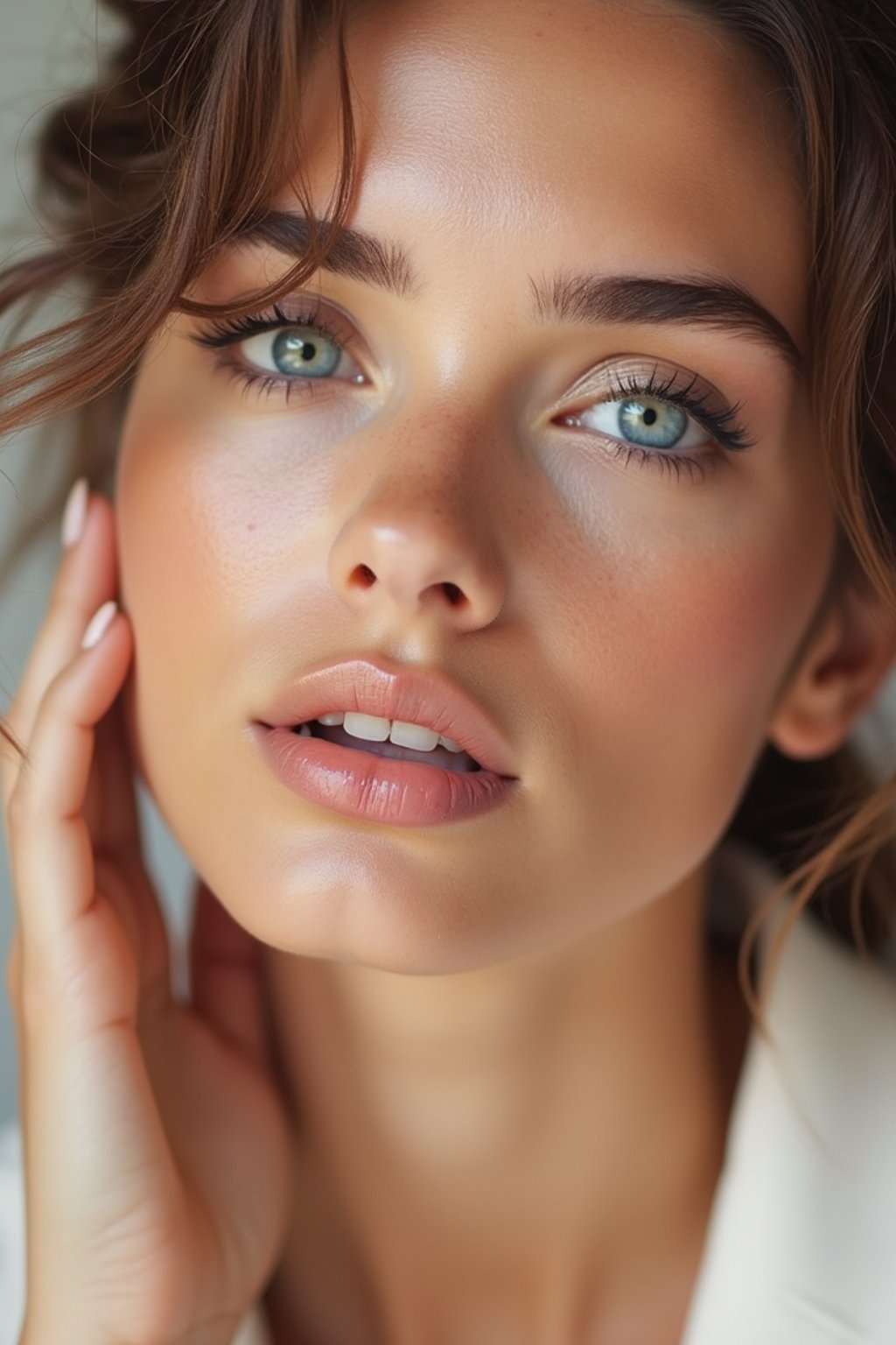 close-up of Beauty shot of woman featuring dewy skin, natural makeup look with nude lips and fluttery lashes. set against a soft, pastel background