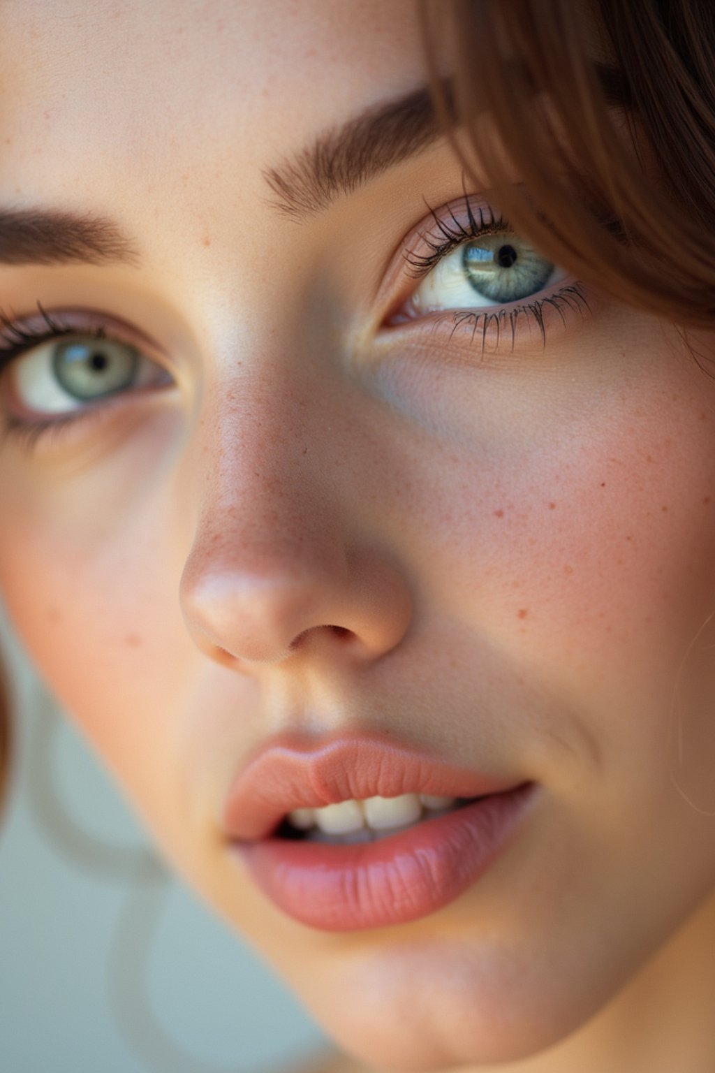 close-up of Beauty shot of woman featuring dewy skin, natural makeup look with nude lips and fluttery lashes. set against a soft, pastel background